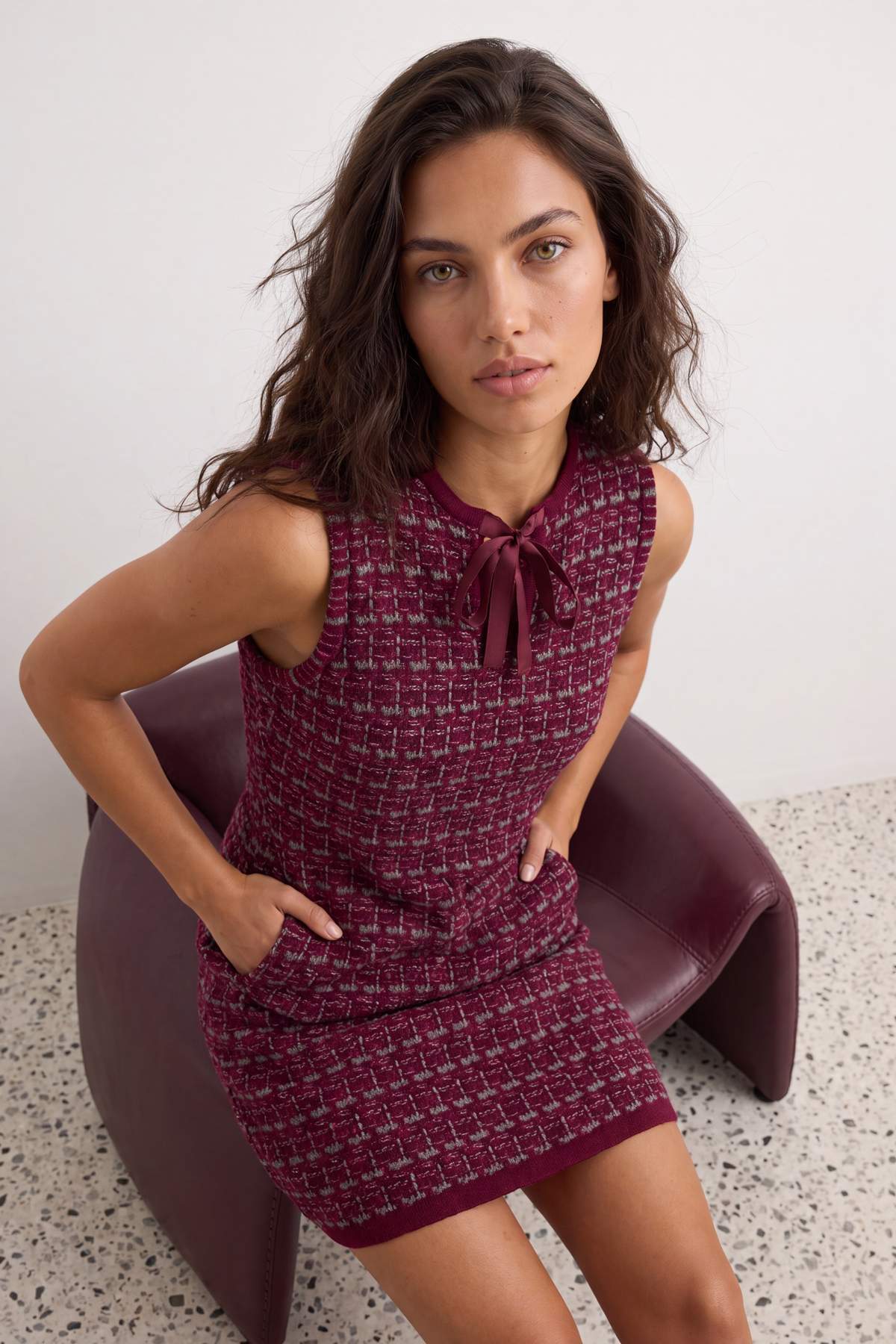 Faux Cowl Neck Sleeveless Textured Shift Mini Dress