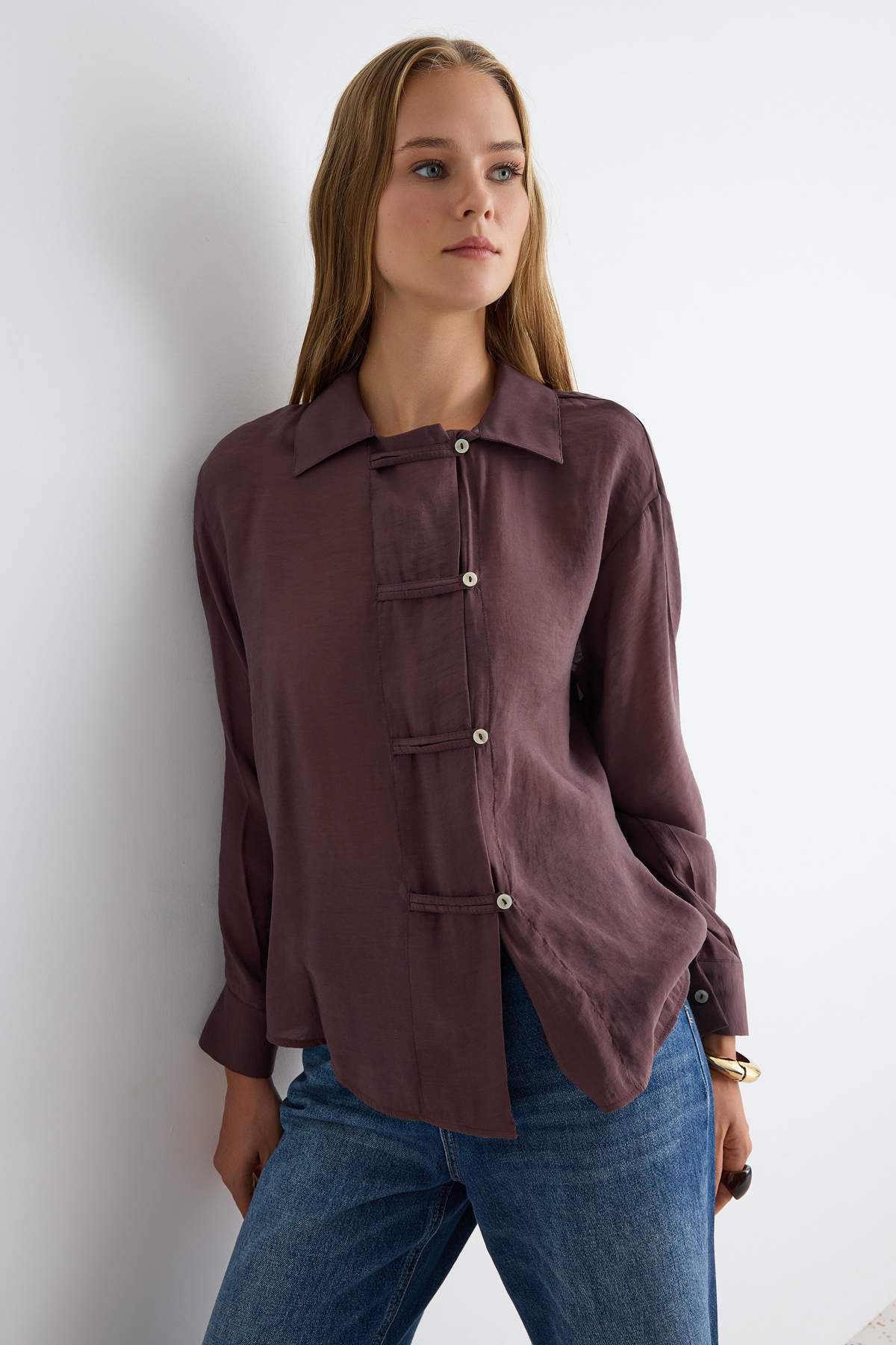Relaxed Fit Long Sleeve Shirt with Tie Detail