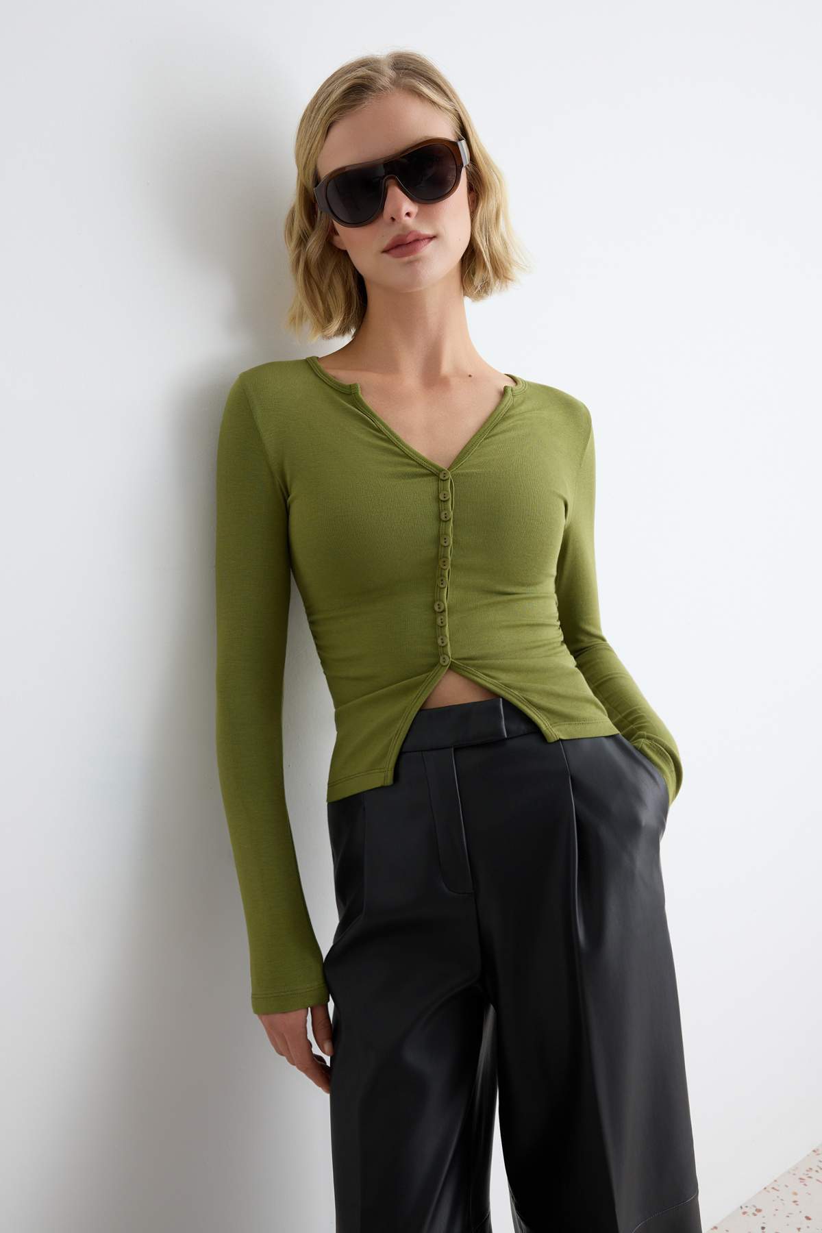 Fitted V Neck Button Front Long Sleeve Blouse