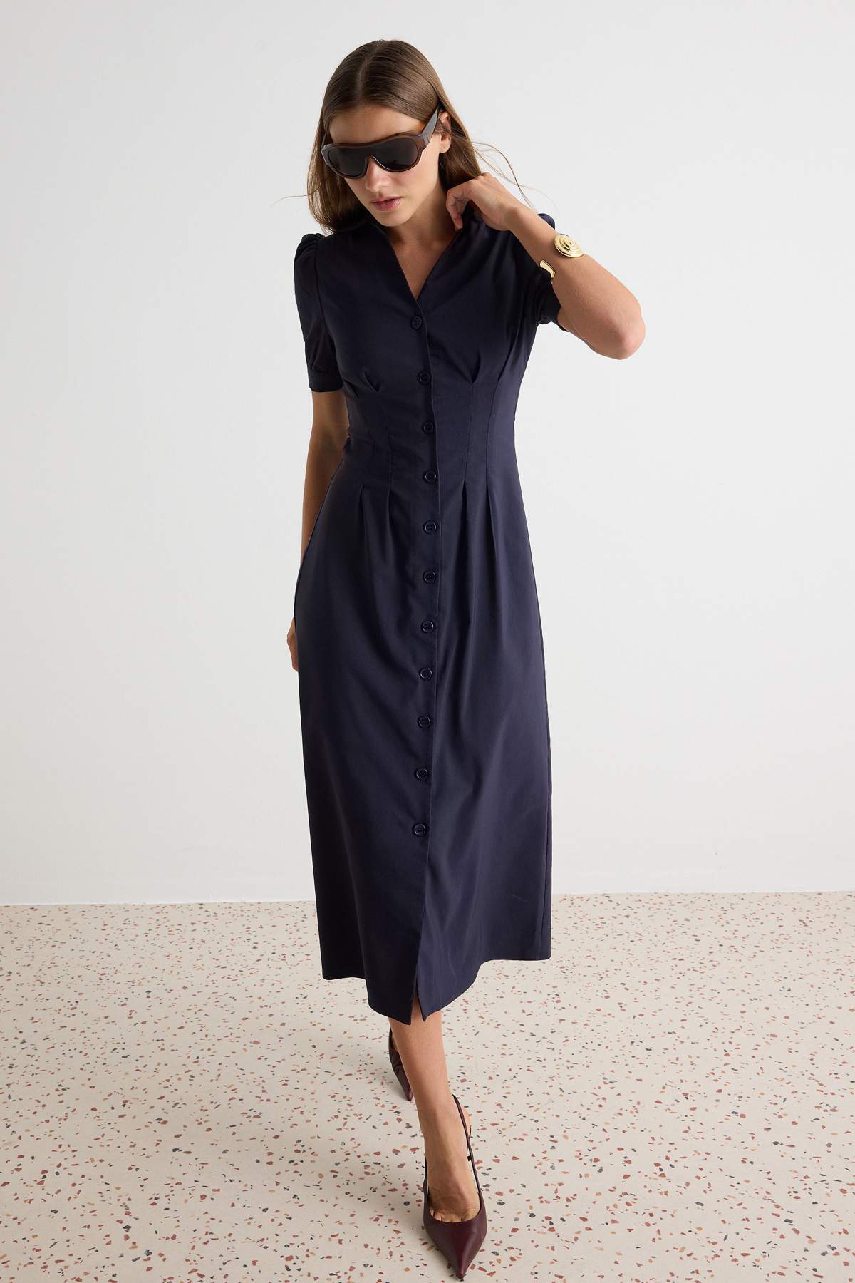 Shirt Collar Long Sleeve Button Front Midi Dress