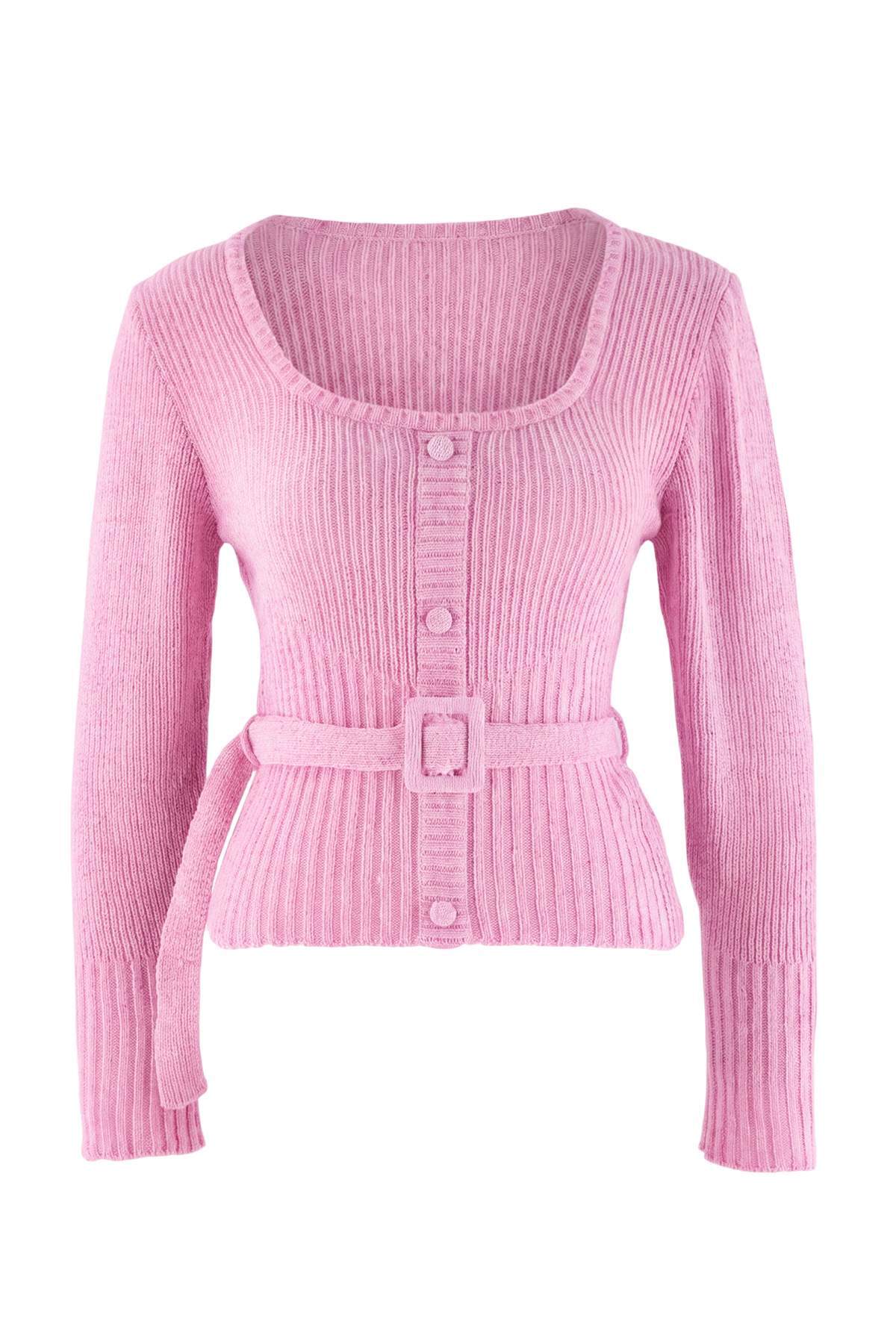 Chenille Long Sleeve Belted Knitted Sweater