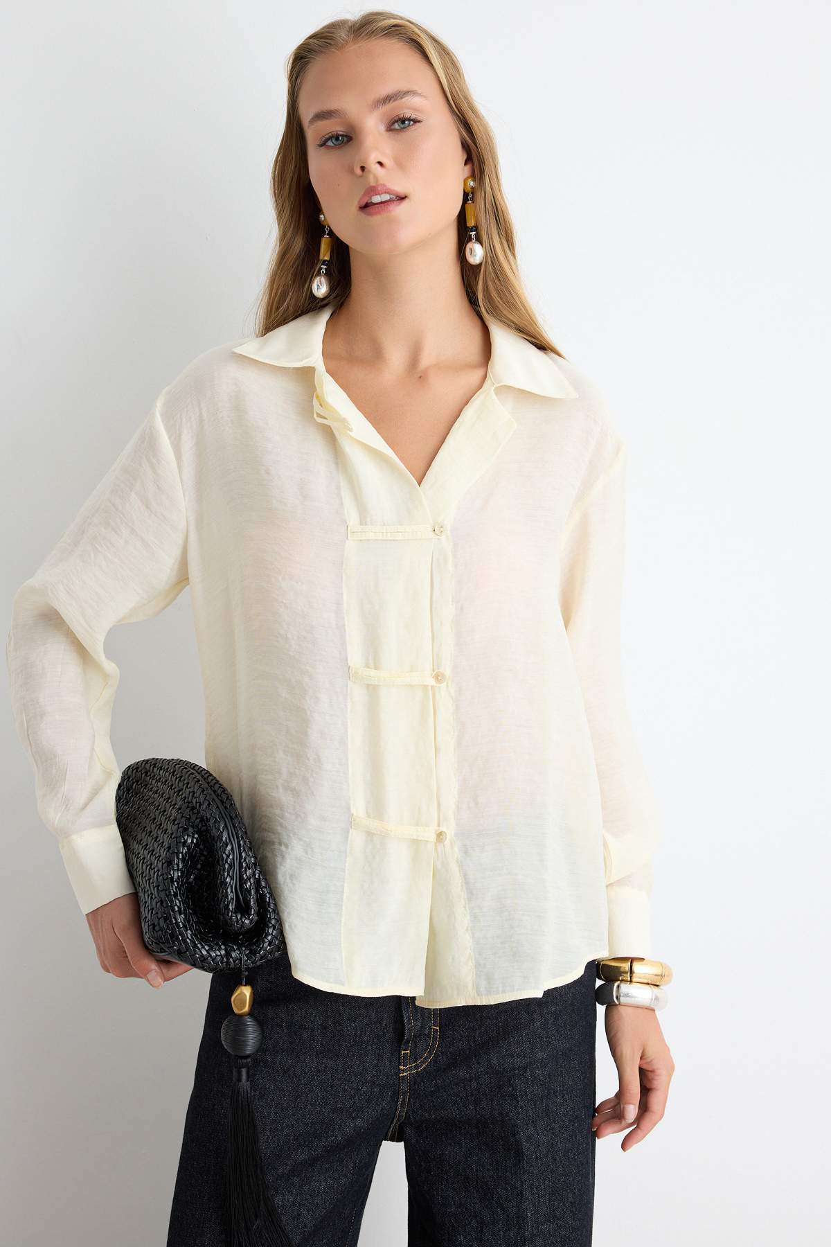 Relaxed Fit Long Sleeve Shirt with Tie Detail