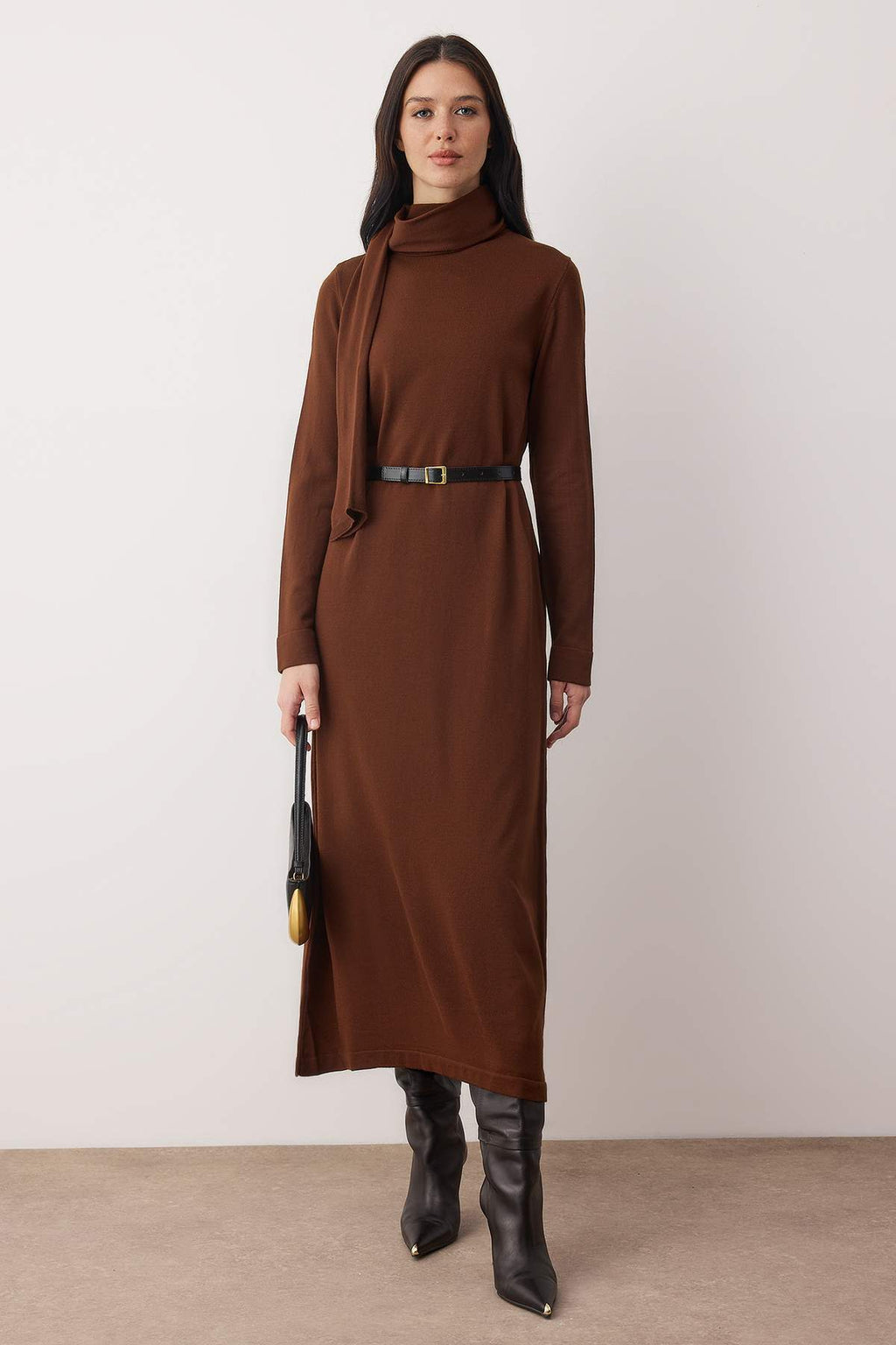 Shawl Collar Leather Belt Detail Long Sleeve Knit Maxi Dress