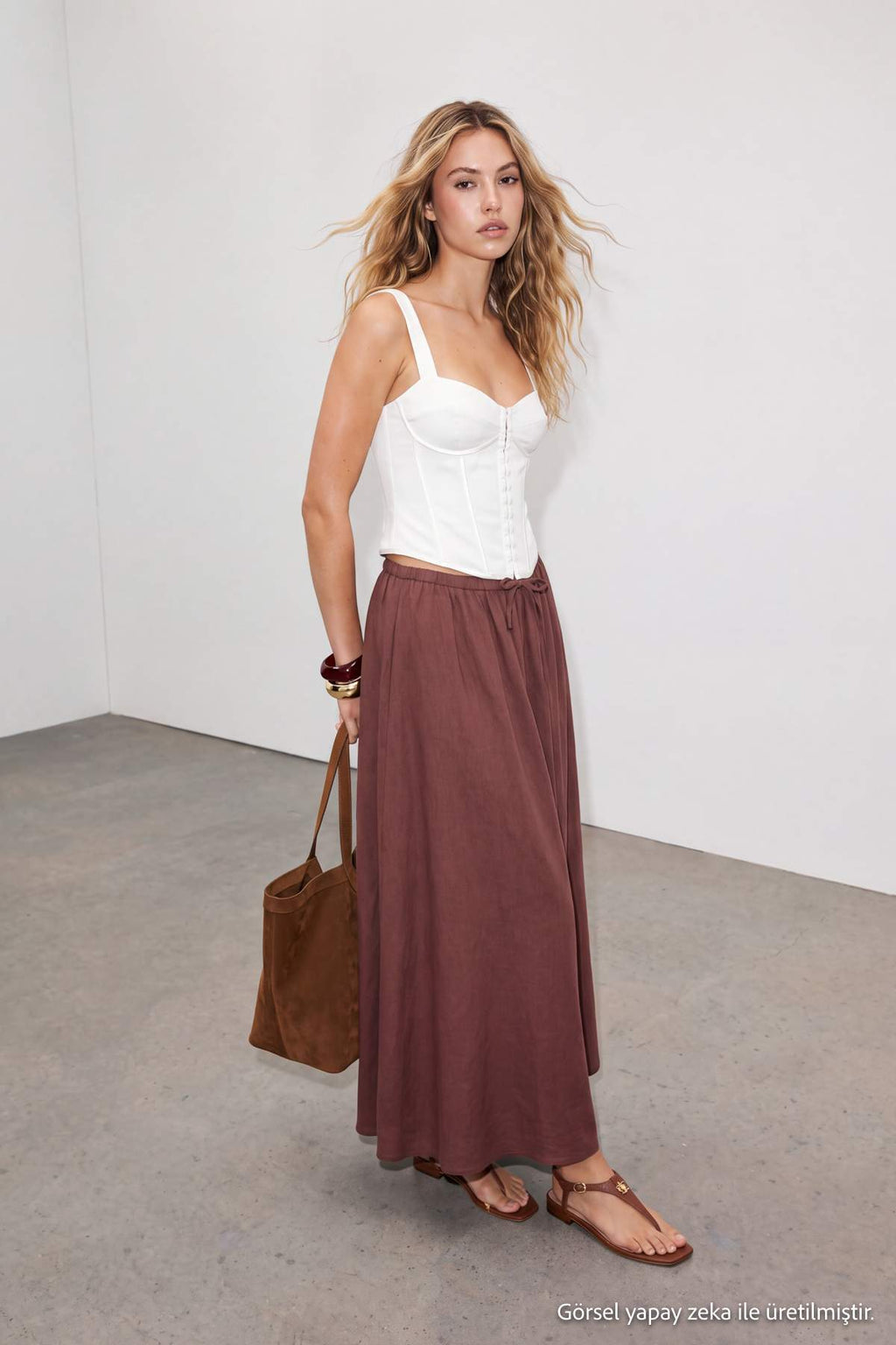 Elasticated Waist Drawstring Long Tiered Skirt