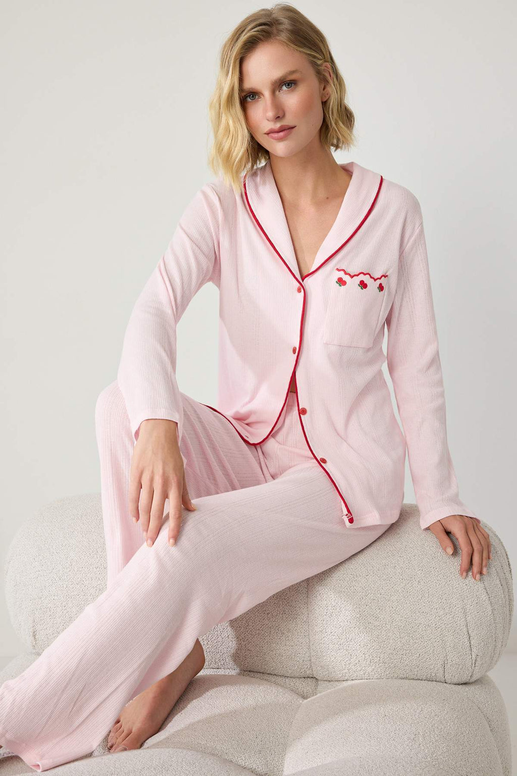 Short Sleeve Crew Neck Button Front Pyjama Set