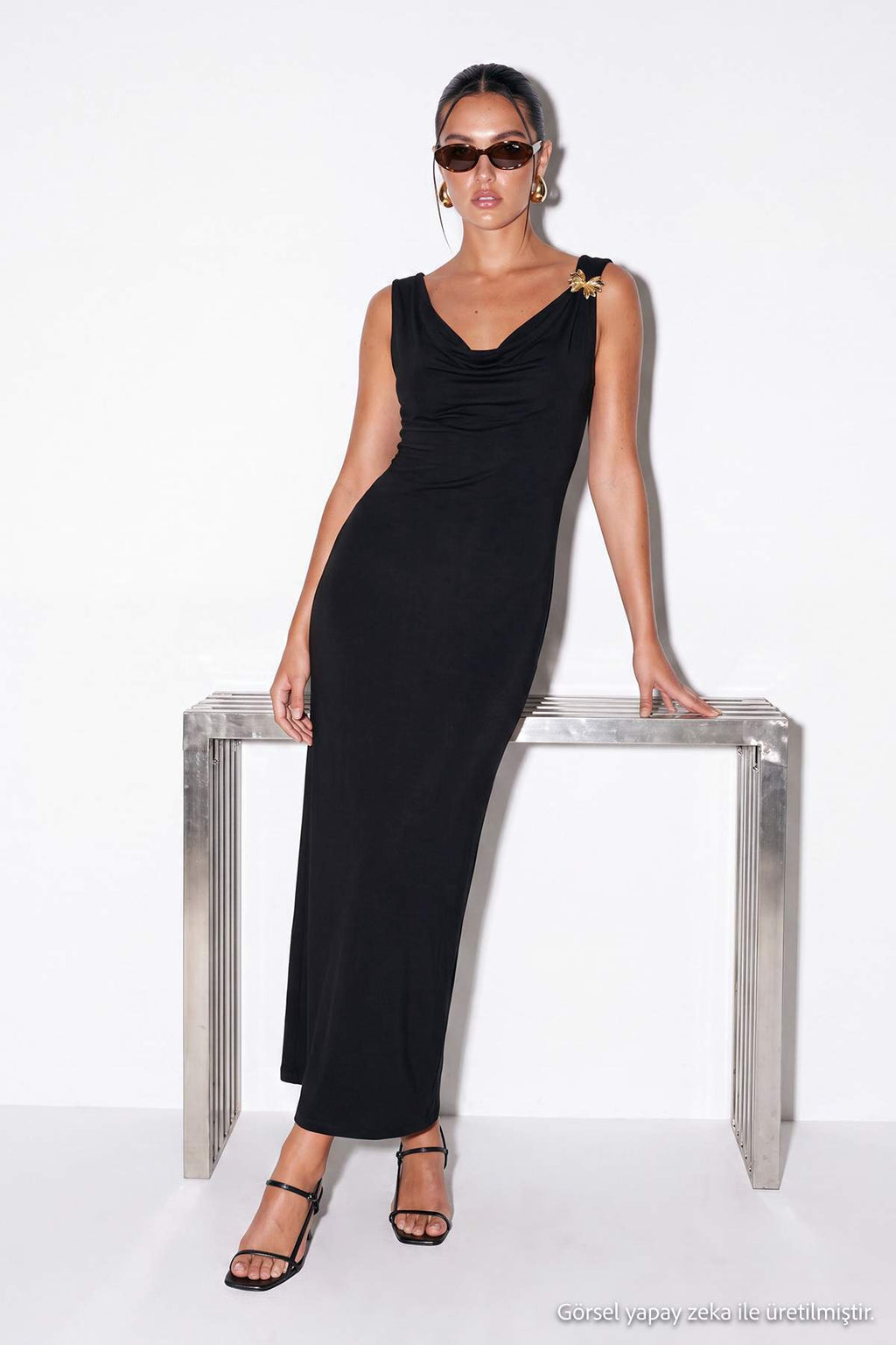 Degaje Neckline Shoulder Embellished Bodycon Midi Dress