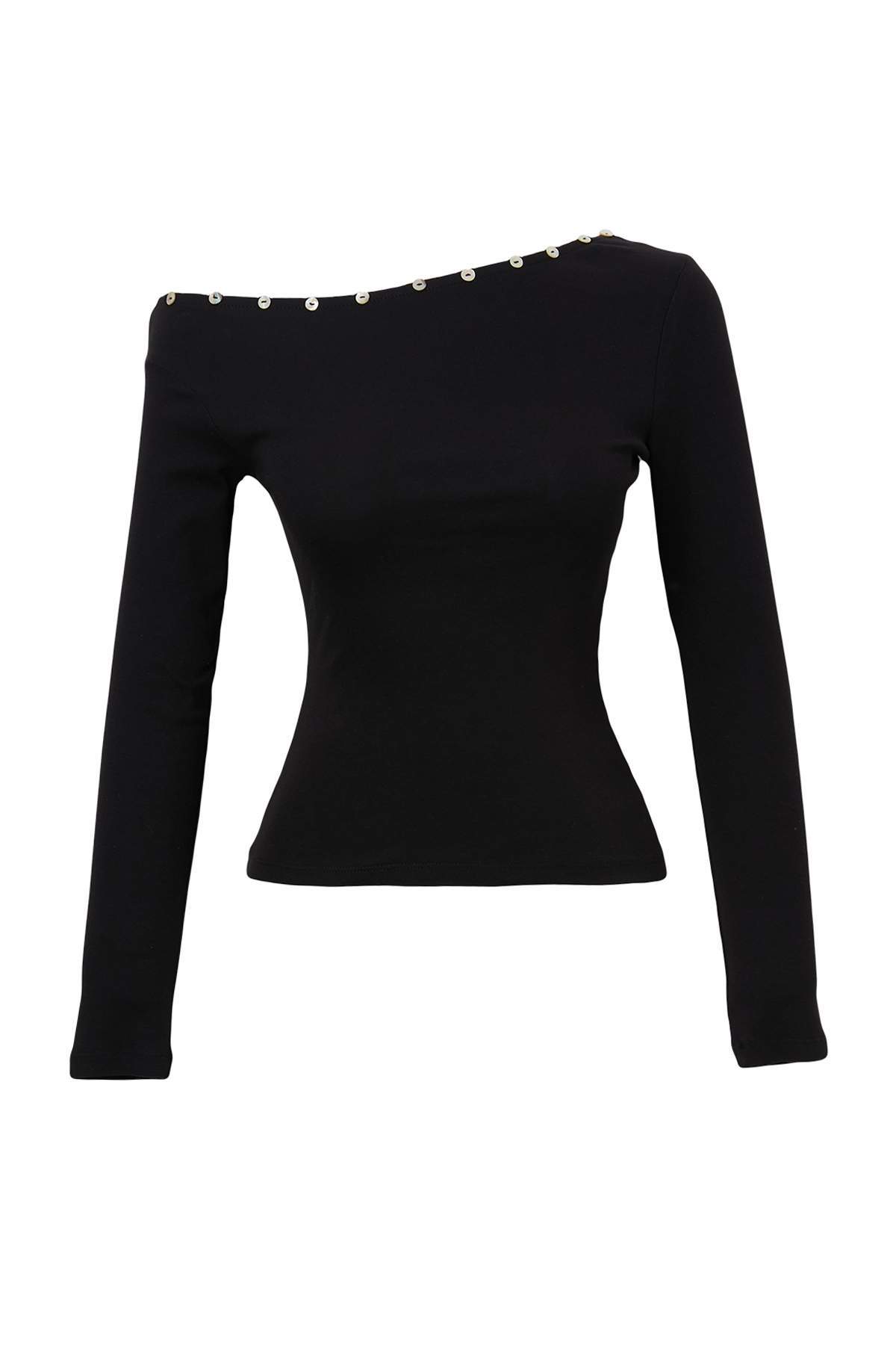 Asymmetric Neck Standard Sleeve Fitted Ribbed Blouse