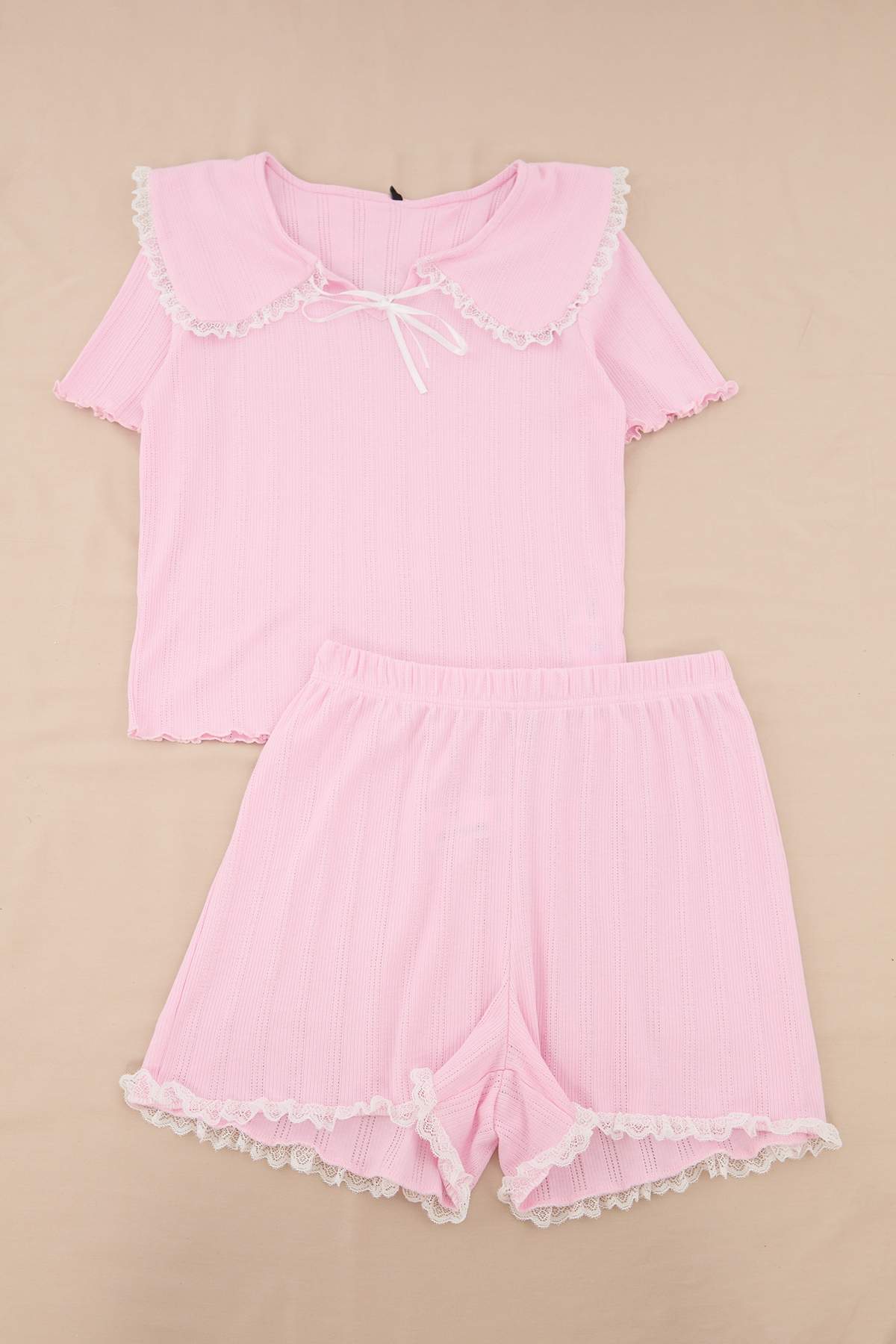 Collar Detail Ribbed Pointelle Short Pyjama Set