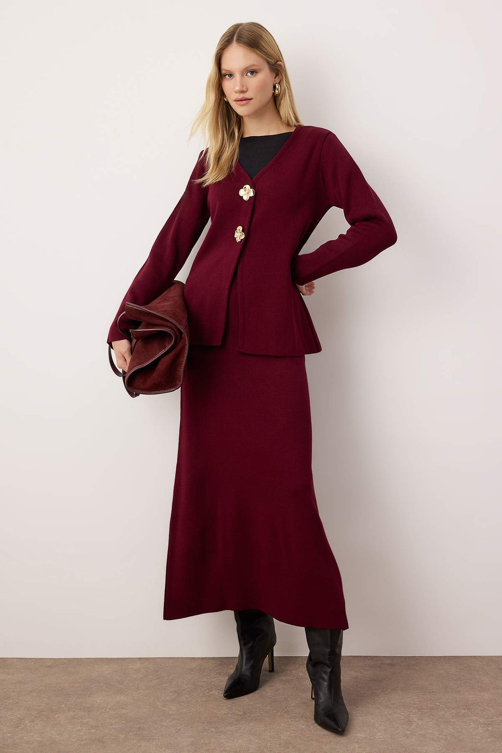 2-Piece Gold Button Detail V Neck Knitted Cardigan and Skirt Co-ord