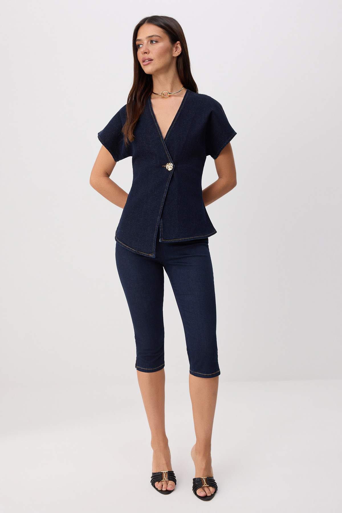 Button Detail V Neck Asymmetric Long Sleeve Blouse