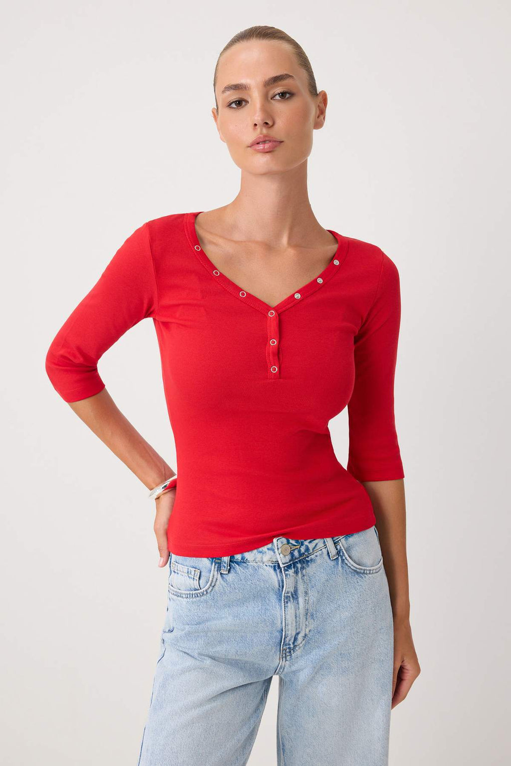 Fitted V Neck Button Front Ribbed Long Sleeve Blouse