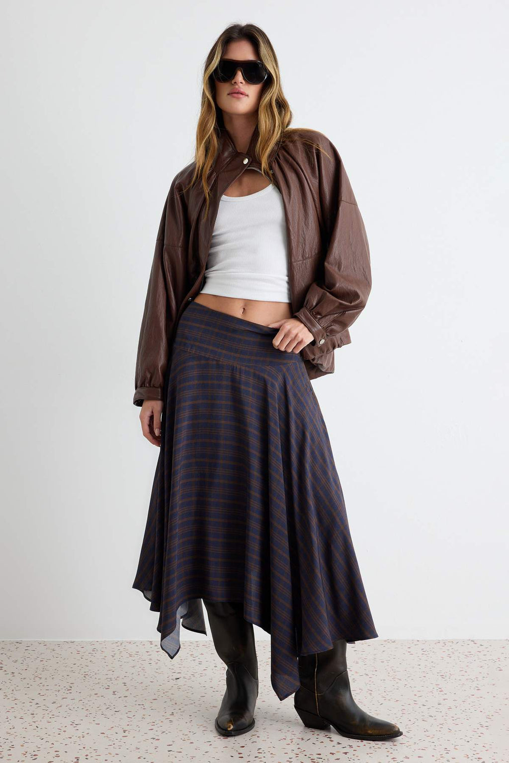 High Waist Asymmetric Hem Midi Skirt