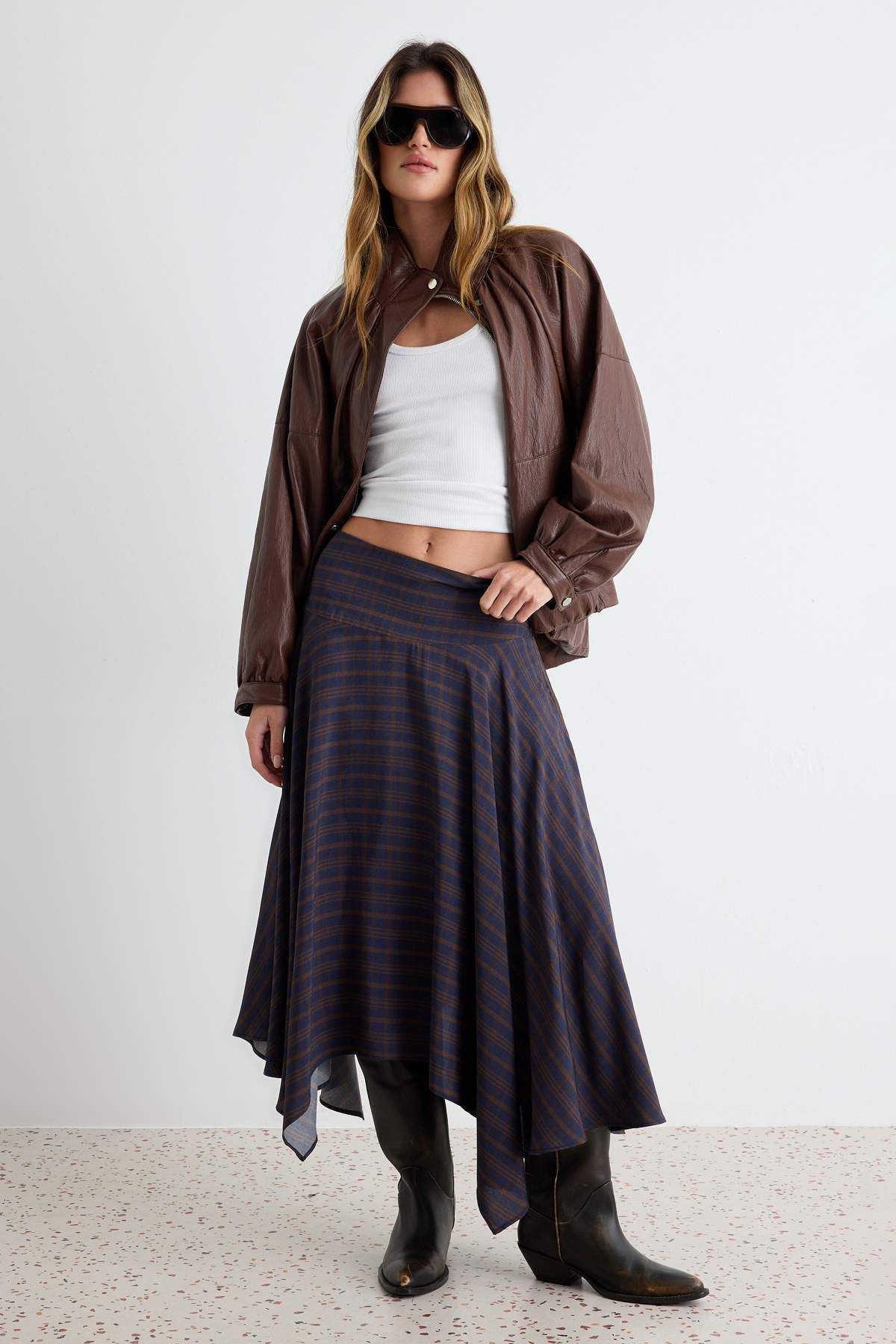 High Waist Asymmetric Hem Midi Skirt