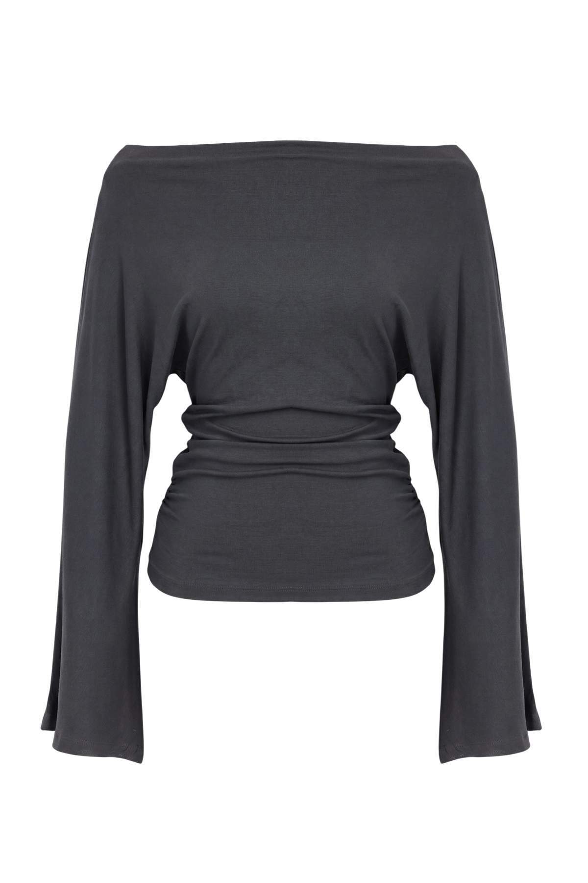 Fitted Boat Neck Batwing Sleeve Ribbed Blouse