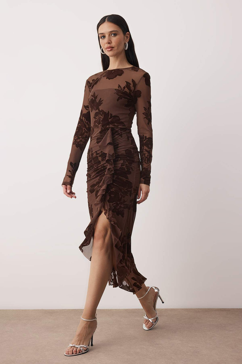 Flocked Mesh Lined Long Sleeve Bodycon Midi Dress