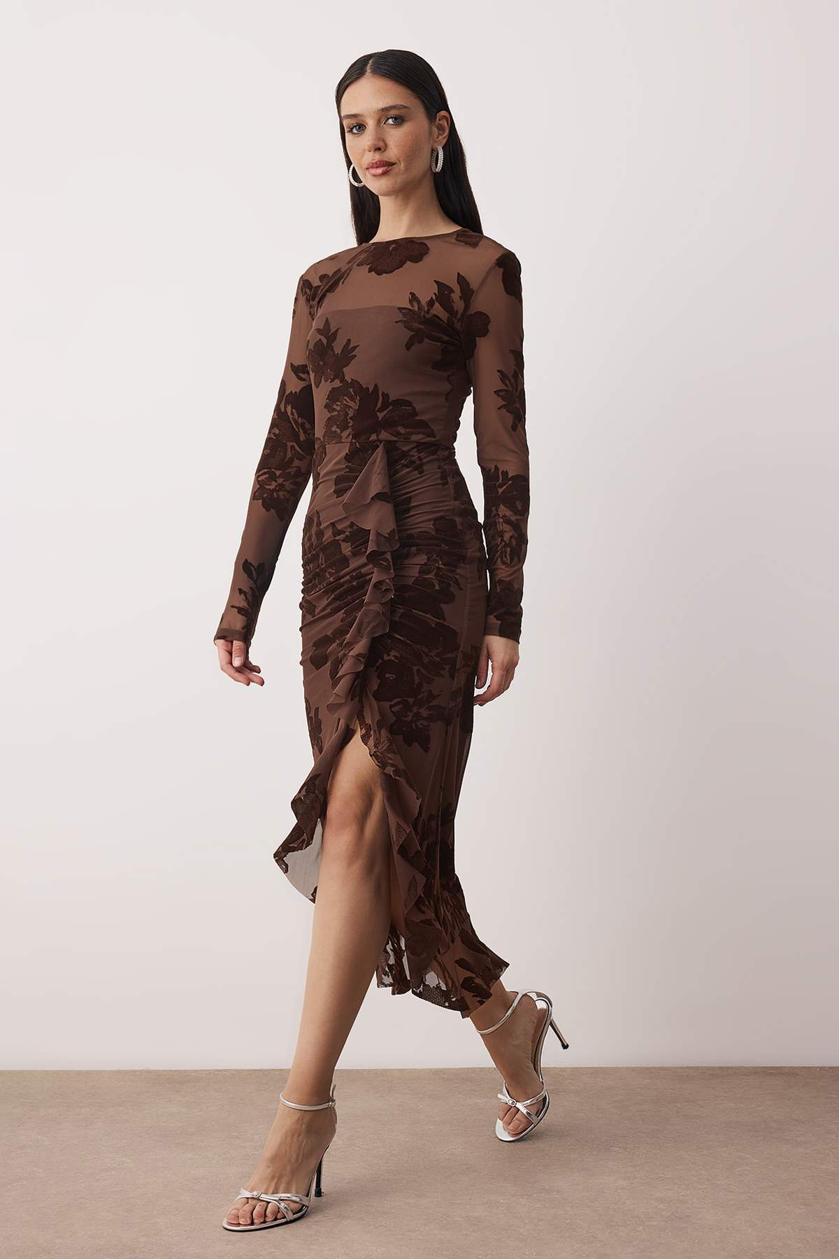 Flocked Mesh Lined Long Sleeve Bodycon Midi Dress
