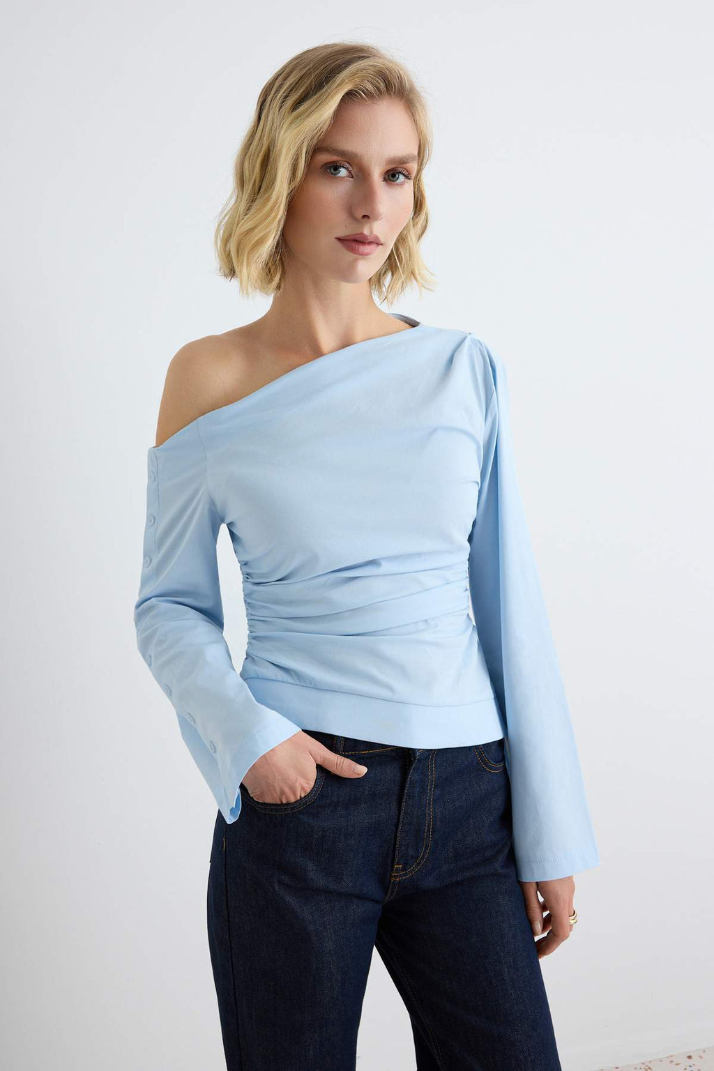 Asymmetric Neck Standard Sleeve Poplin Blouse