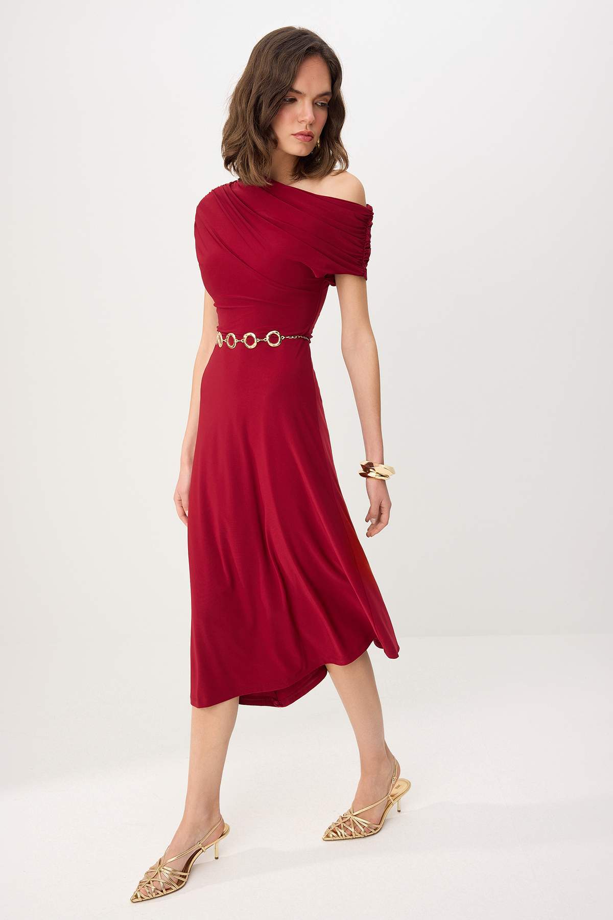Off Shoulder Ruched Sleeve Chain Belt Midi Party Dress