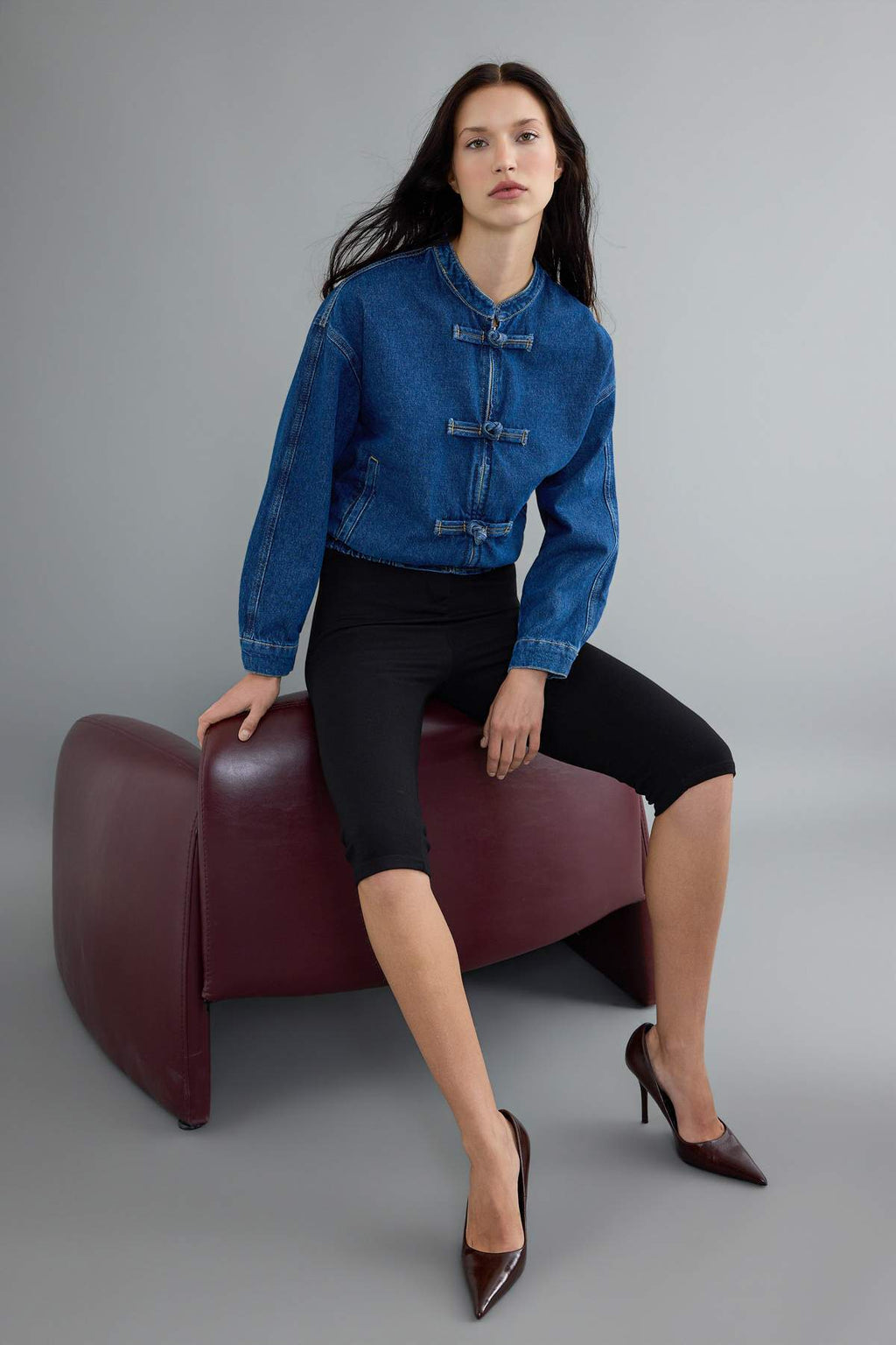 Button Detail Elasticated Waist Denim Jacket