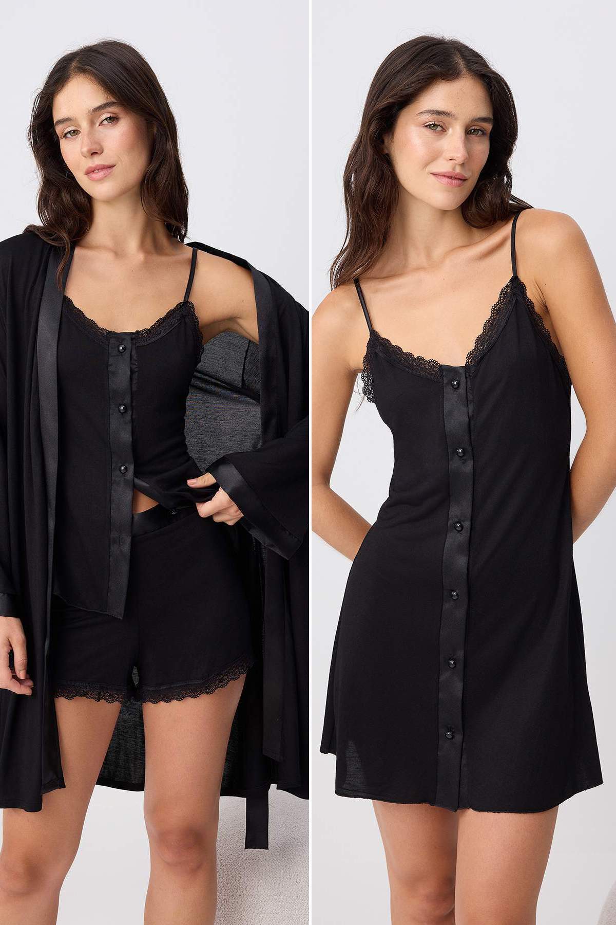 Lace and Satin Detail V Neck Strappy 4 Piece Pyjama Set