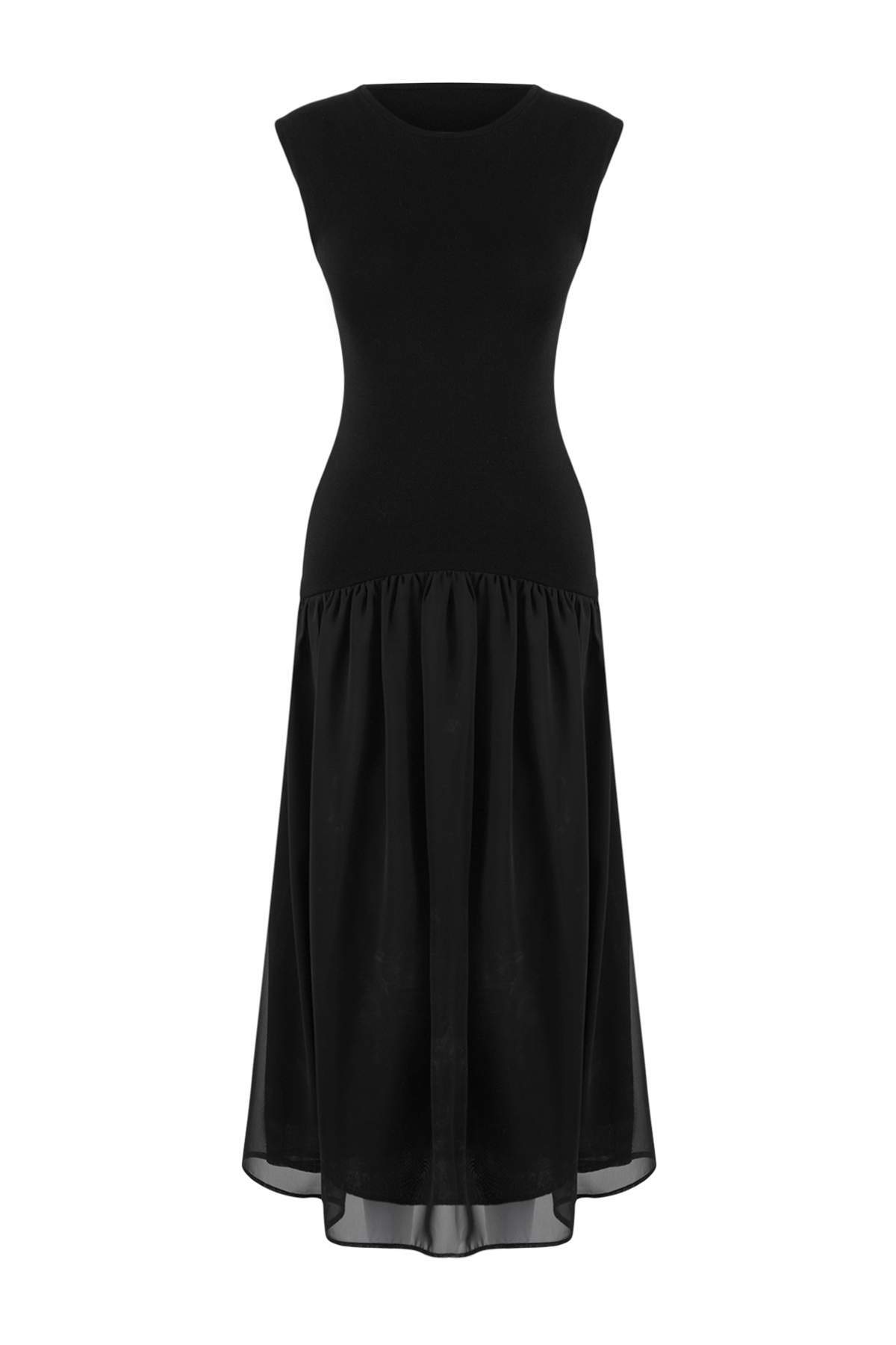 Premium Knit Midi Dress with Woven Skirt Detail