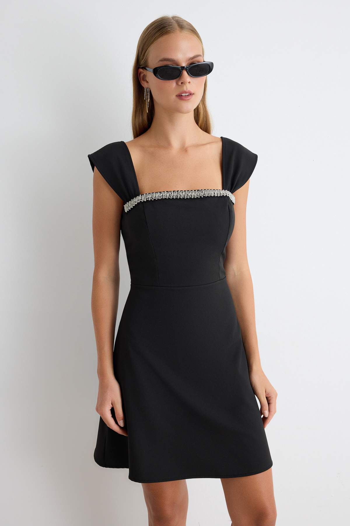 Square Neck Stone Embellished Short Sleeve A-Line Mini Dress