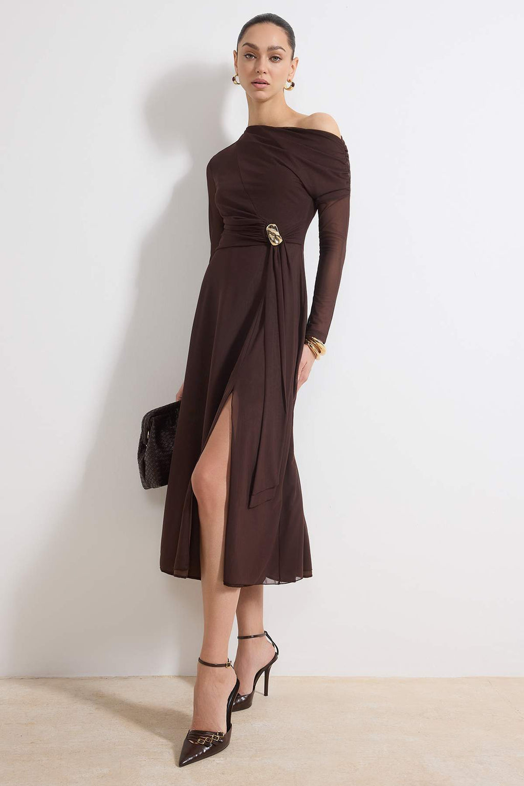 Asymmetric Neck Accessory Detail Tulle Overlay Long Sleeve Maxi Dress