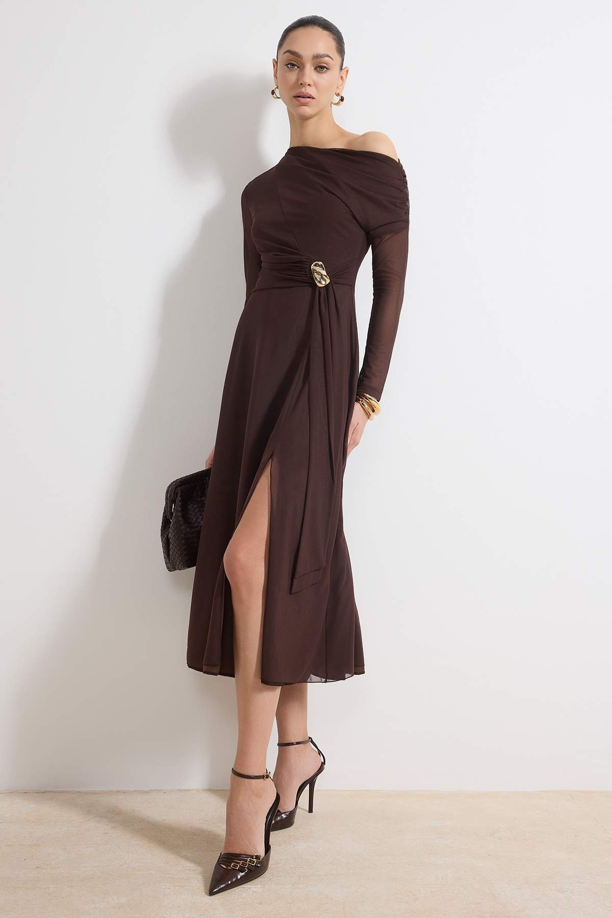 Asymmetric Neck Accessory Detail Tulle Overlay Long Sleeve Maxi Dress