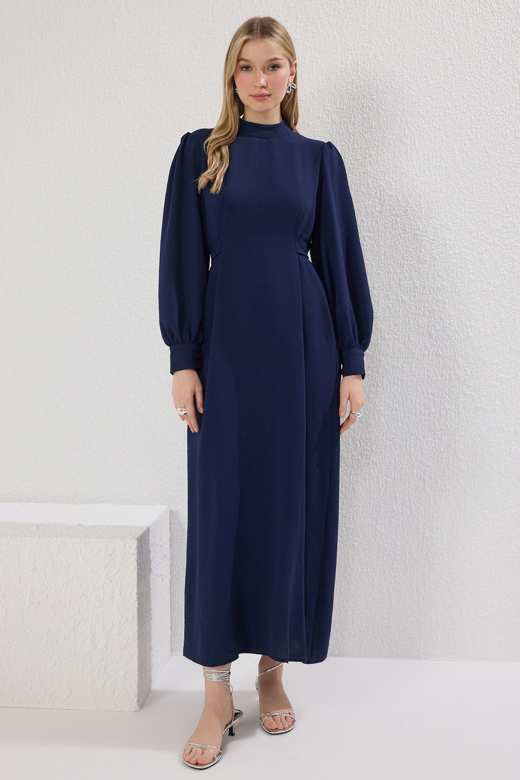 Stand Collar Balloon Sleeve Back Tie Detail Midi Dress