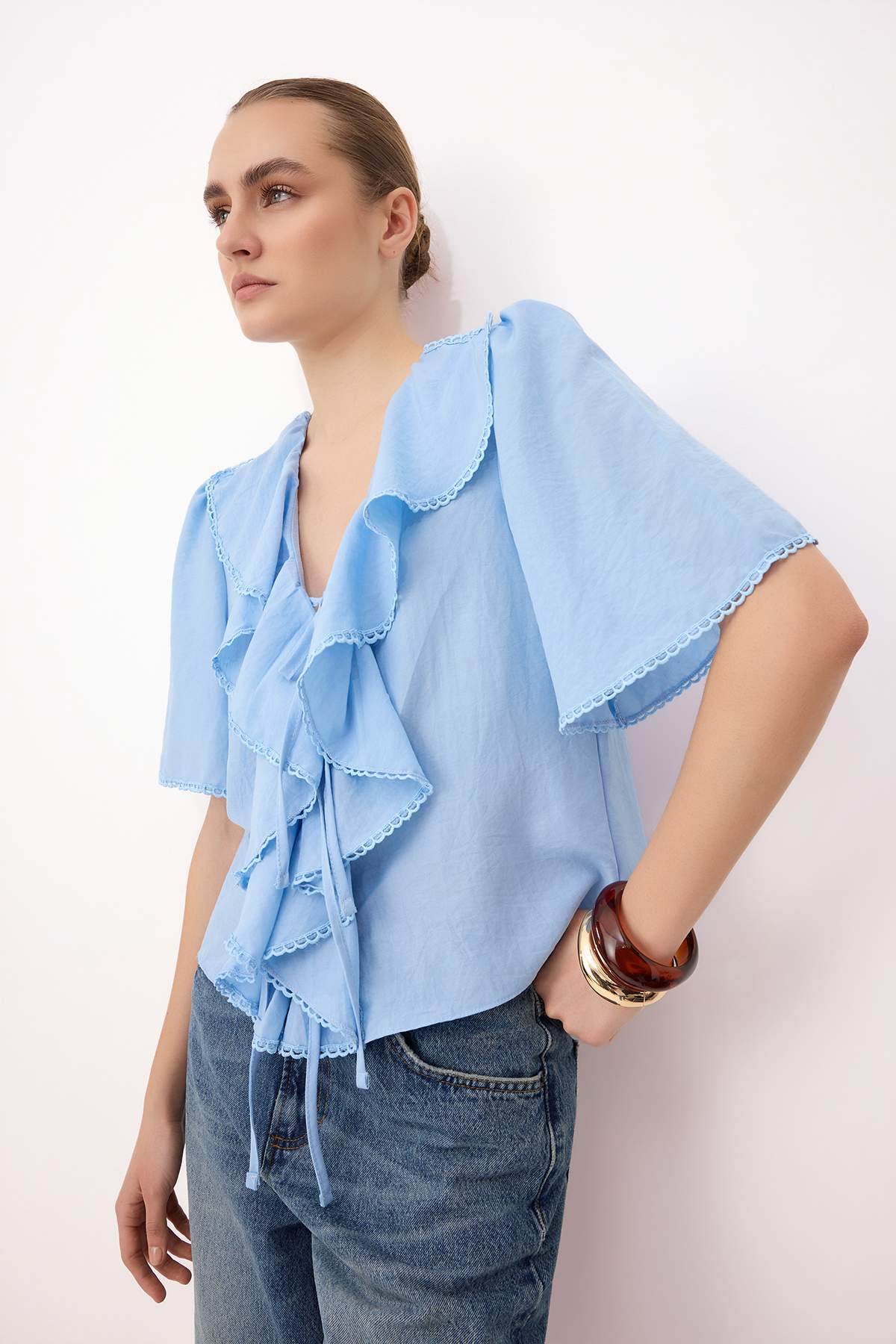 V Neck Tie Front Frill Detail Long Sleeve Blouse