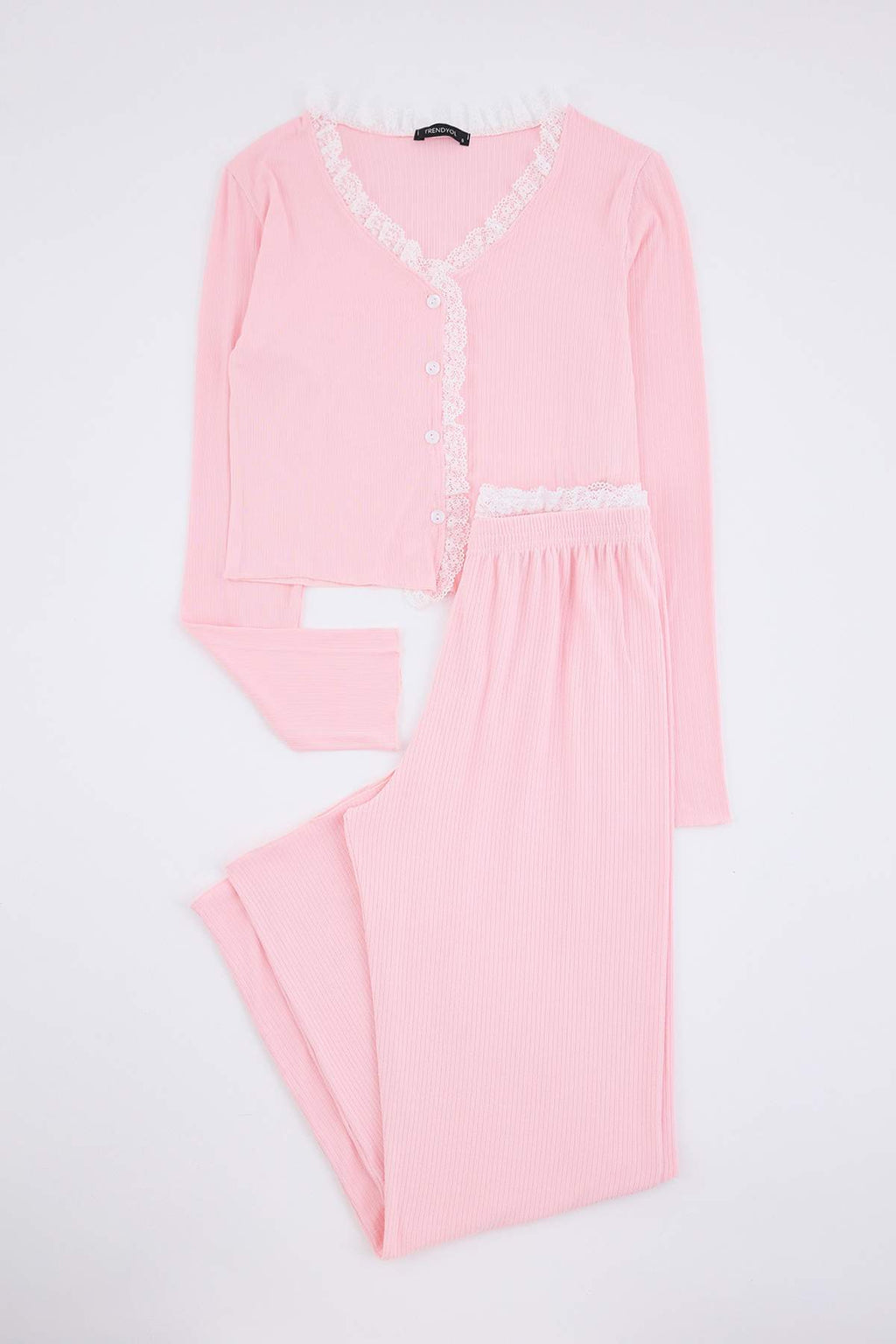 V Neck Long Sleeve Ribbed Pyjama Set