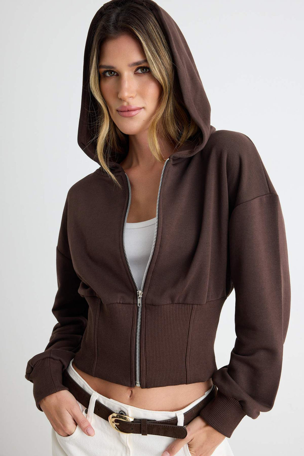 Thick Hooded Zip Through Cropped Sweatshirt
