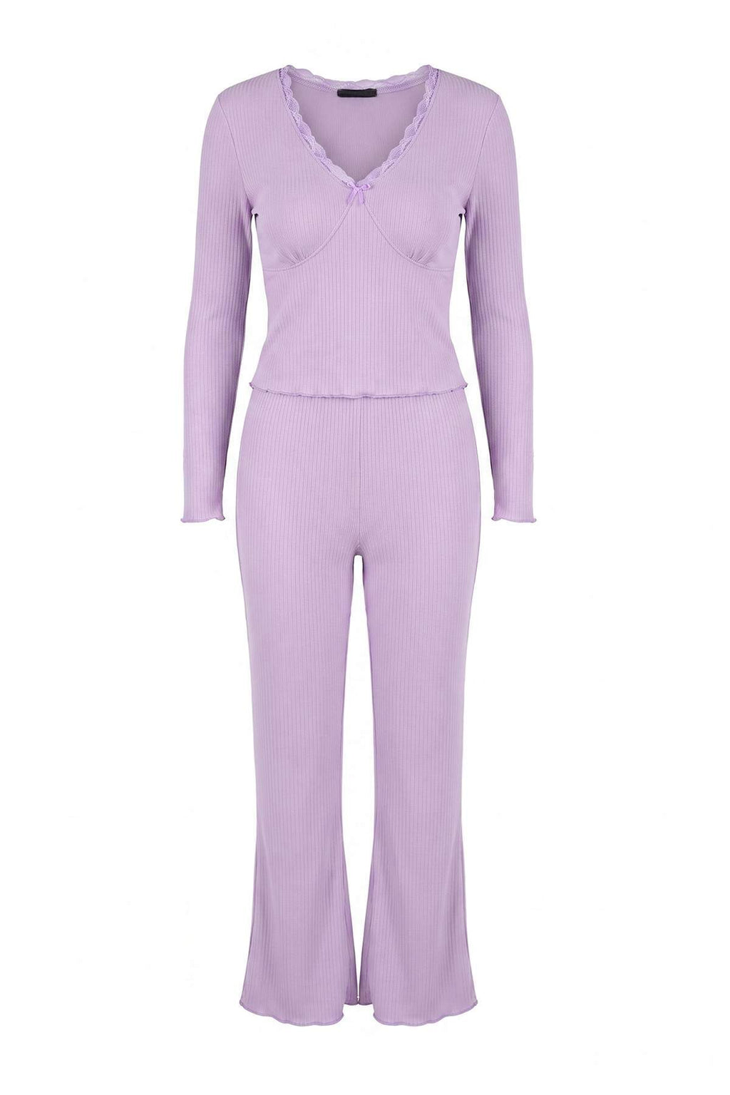 V Neck Long Sleeve Lace Detail Ribbed Pyjama Set