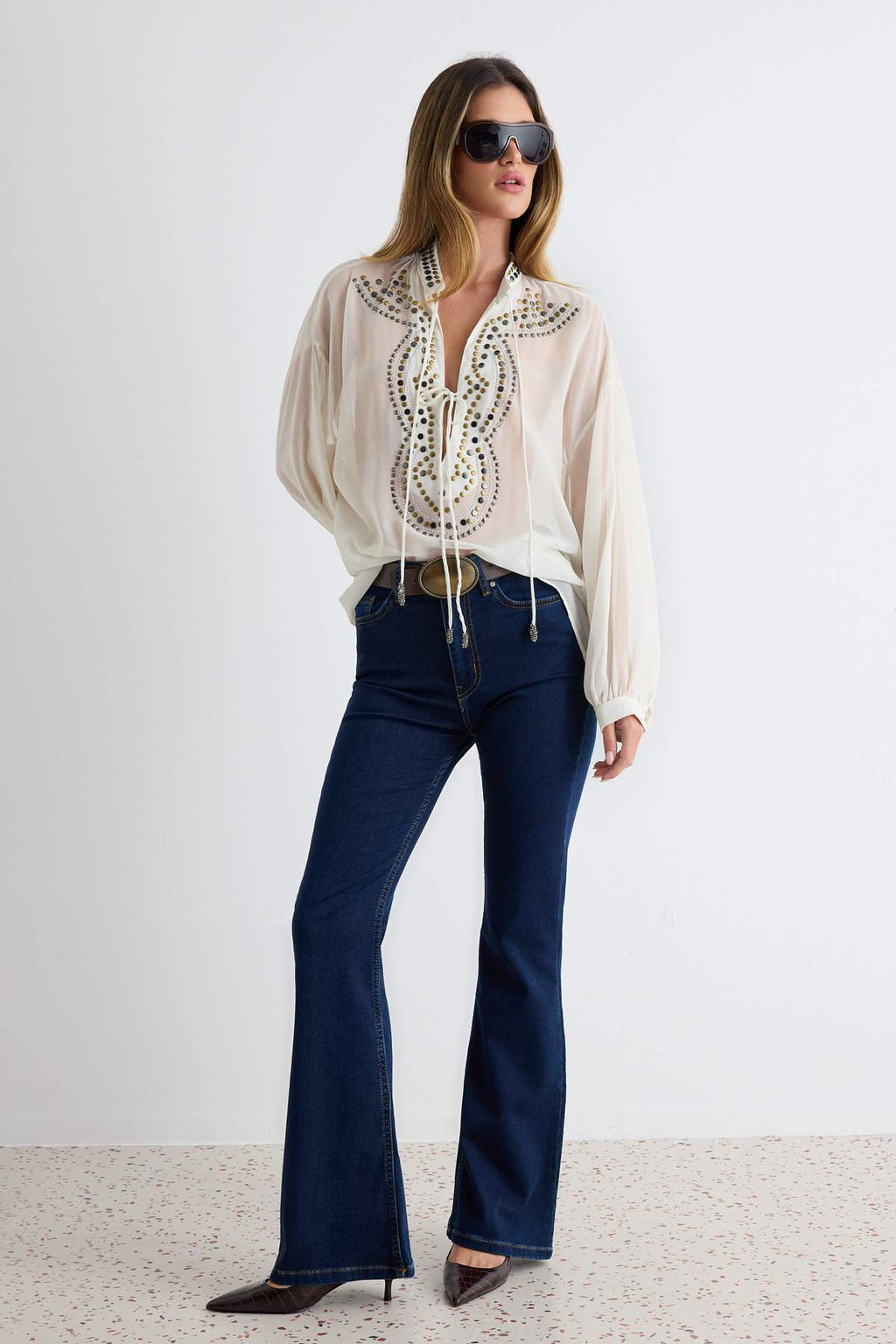 V Neck Drop Shoulder Embellished Crepe Blouse