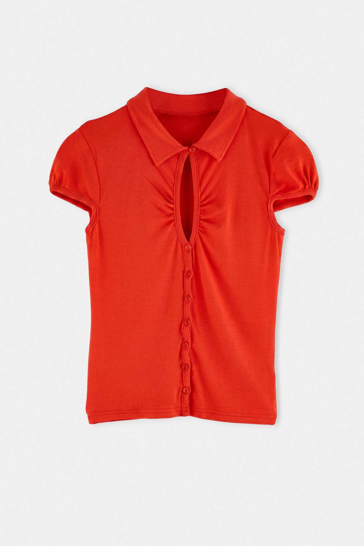 Keyhole Neck Short Sleeve Fitted Knit Blouse