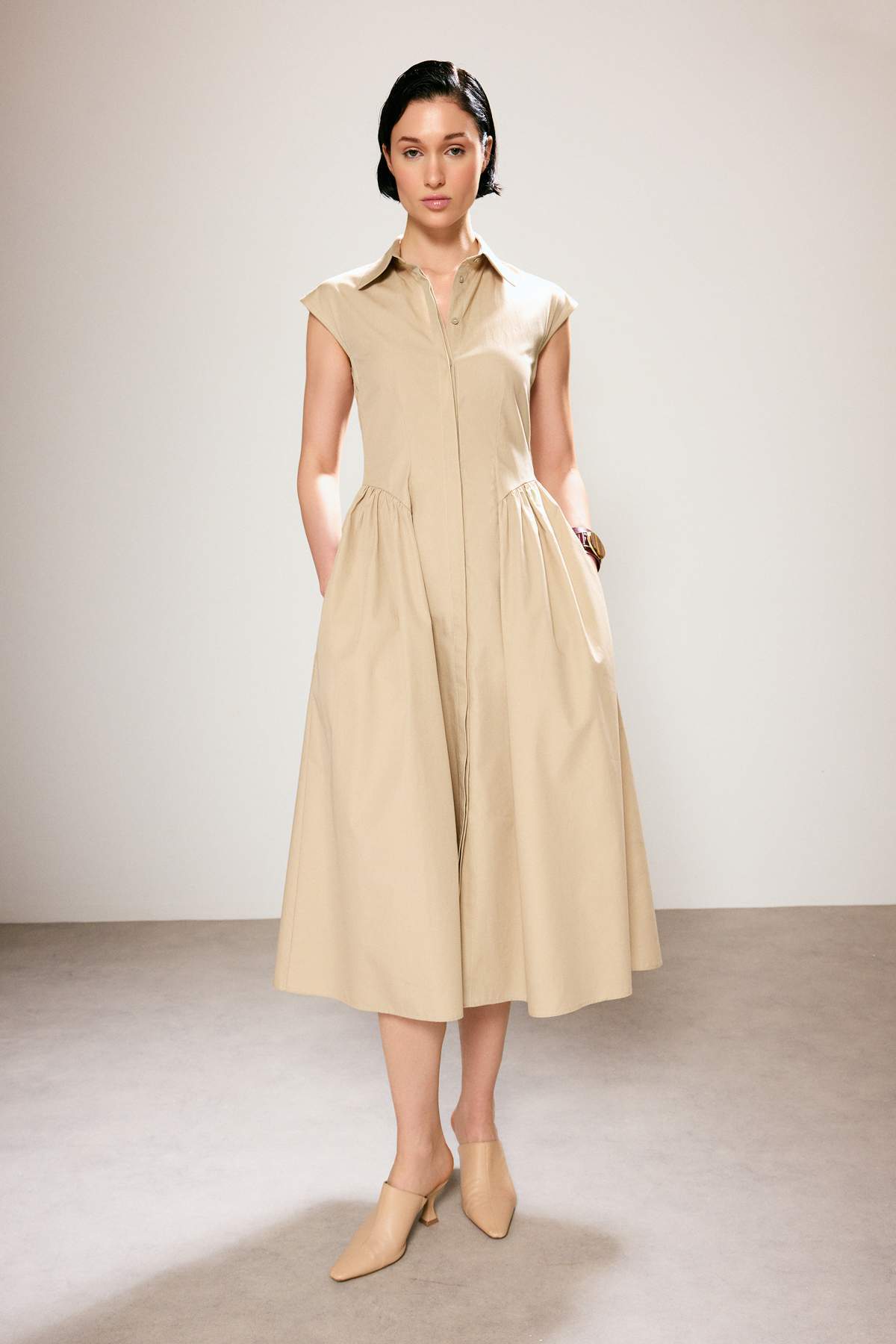 Sleeveless Shirt Collar Midi Dress