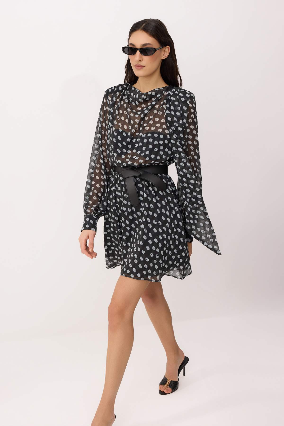 Fular Neck Belted Long Sleeve Skater Mini Dress