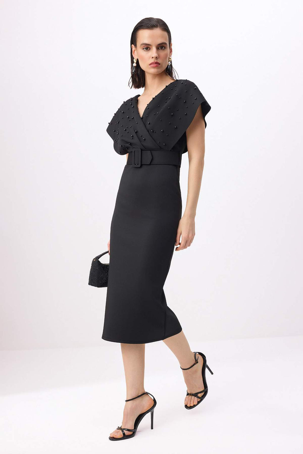 Pearl Accessory Detail V-Neck Angel Sleeve Bodycon Belted Midi Dress