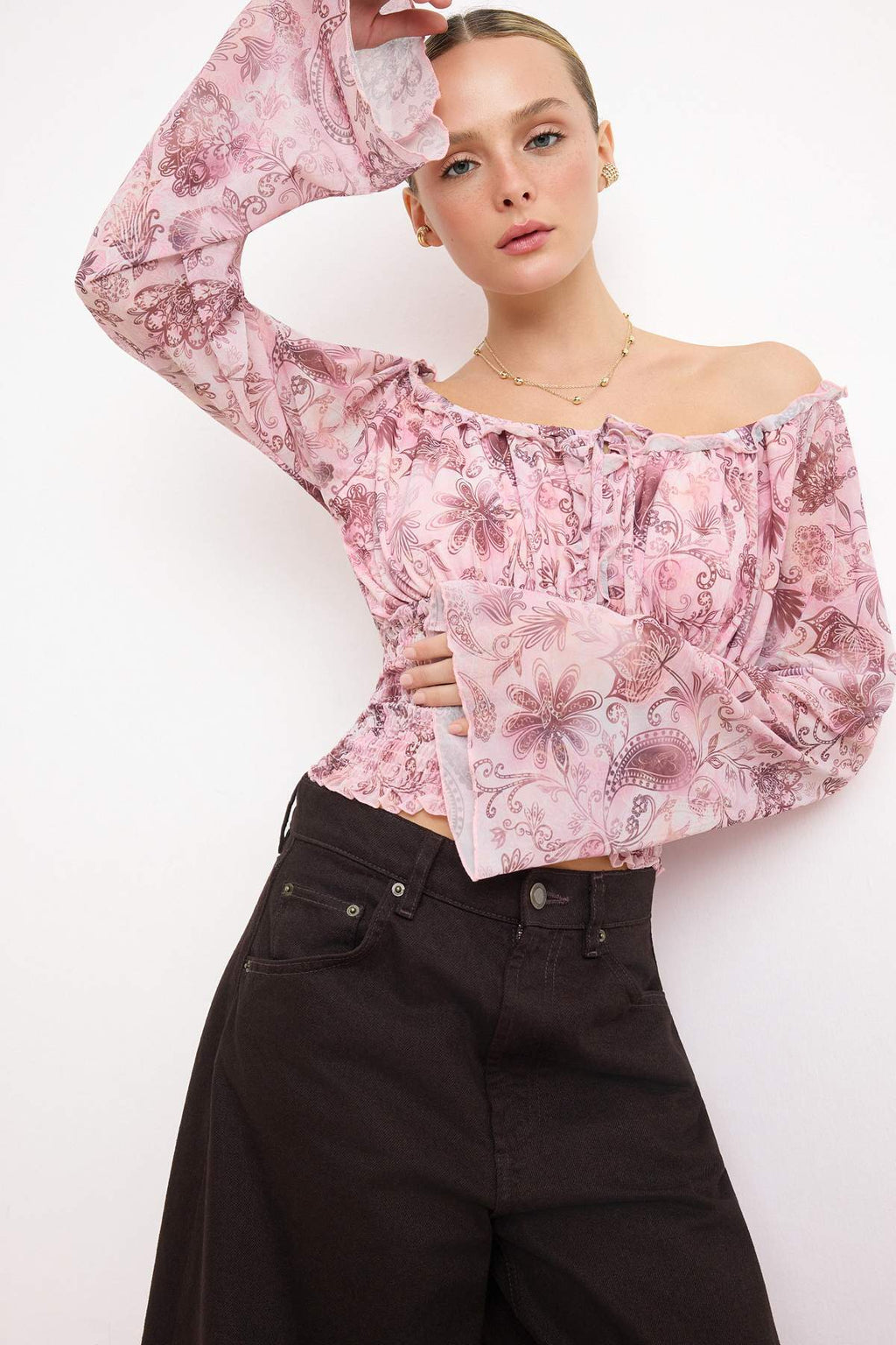 Pool Neck Spanish Sleeve Gathered Crop Mesh Top