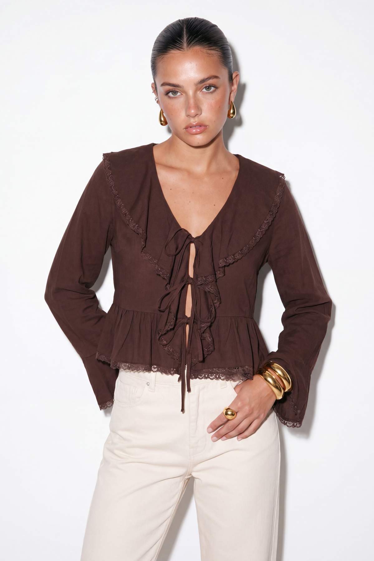 V Neck Long Sleeve Tie Front Lace Detail Blouse