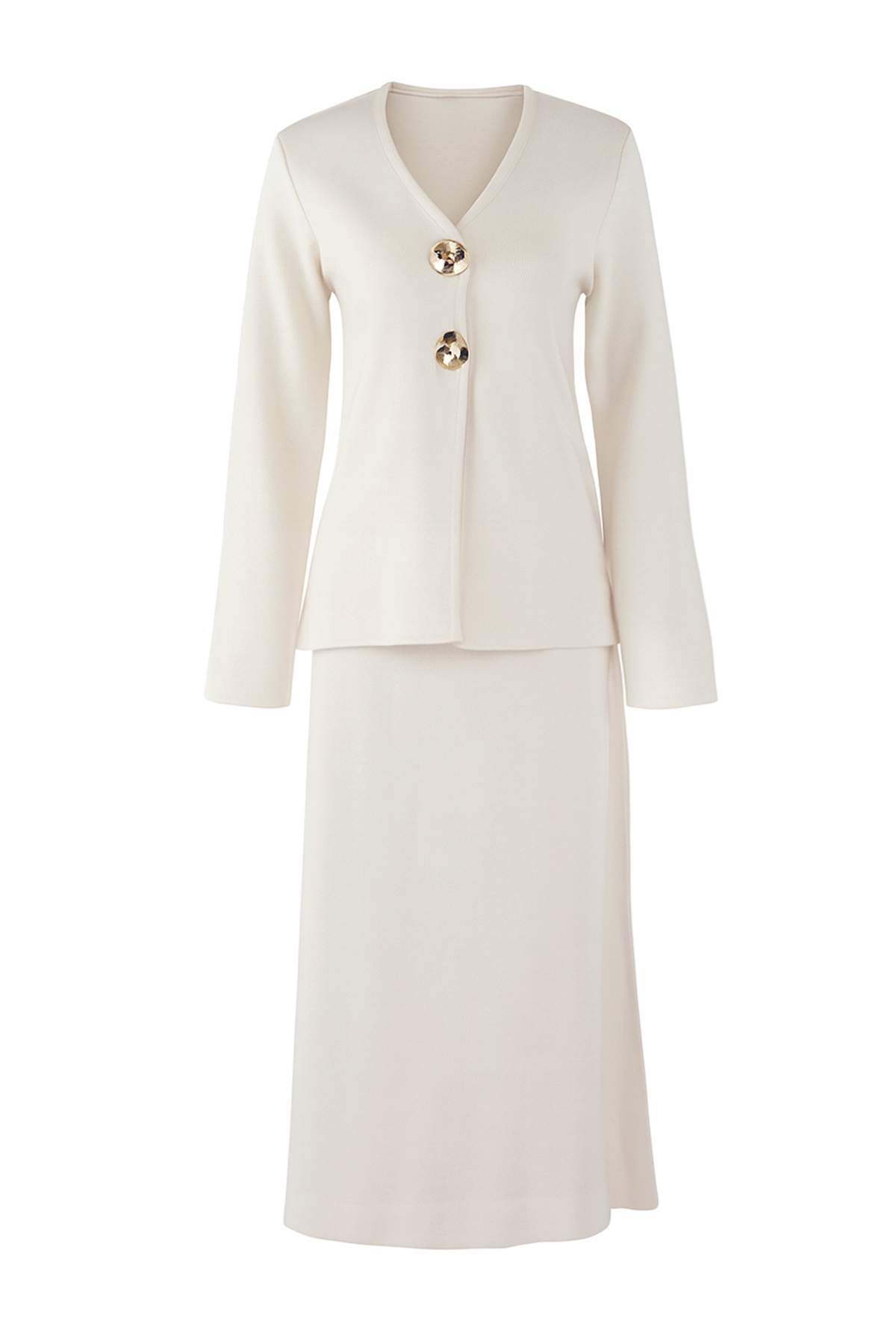 2-Piece Gold Button Detail V Neck Knitted Cardigan and Skirt Co-ord