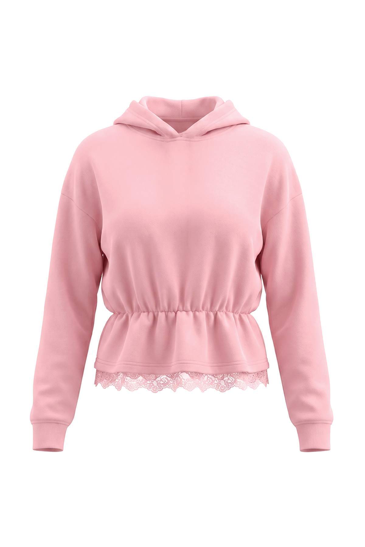 Peplum Lace Detail Hooded Long Sleeve Knit Sweatshirt