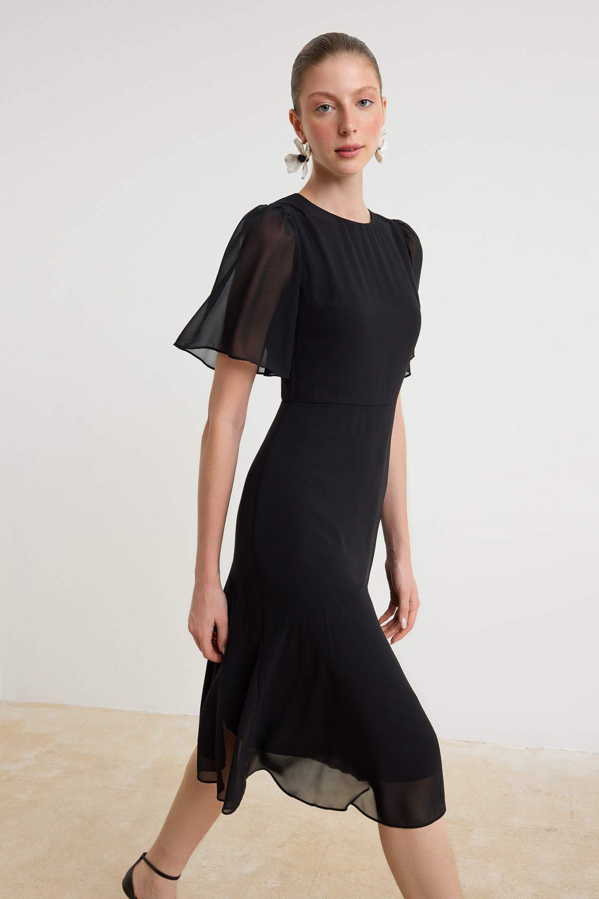High Neck Angel Sleeve Tiered Midi Dress