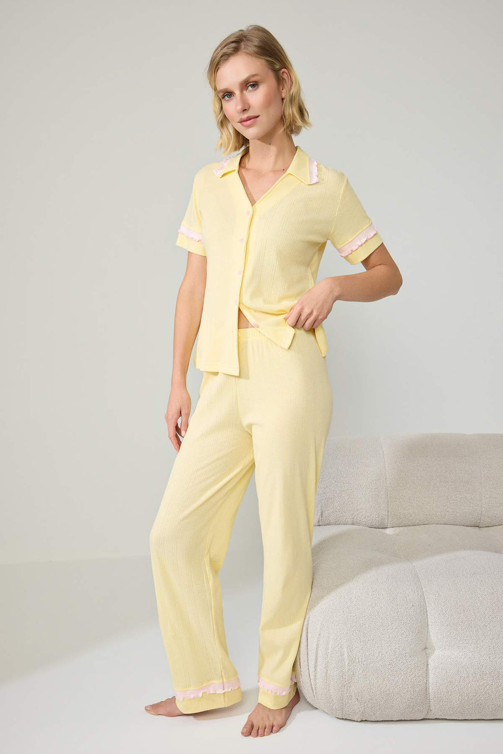 Shirt Collar Long Sleeve Frill Detail Pyjama Set