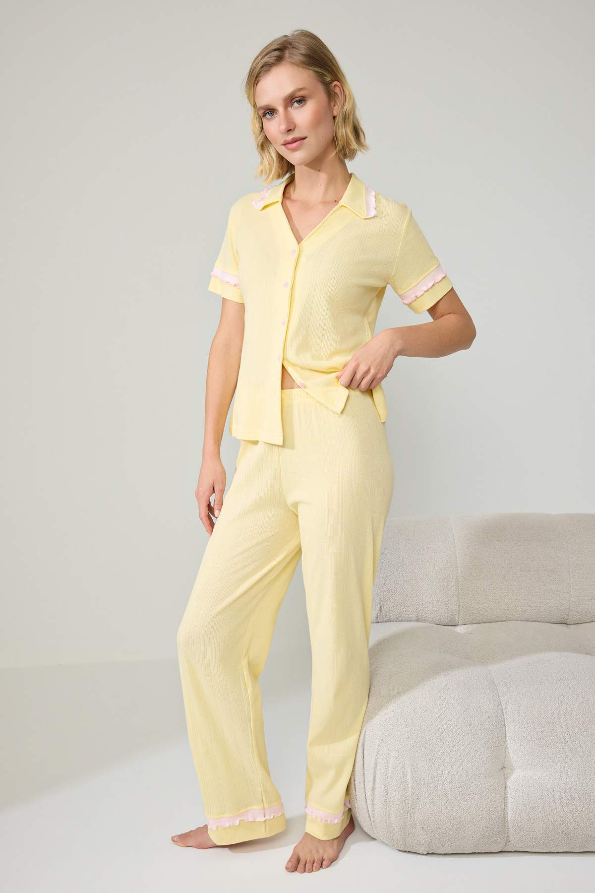 Shirt Collar Long Sleeve Frill Detail Pyjama Set