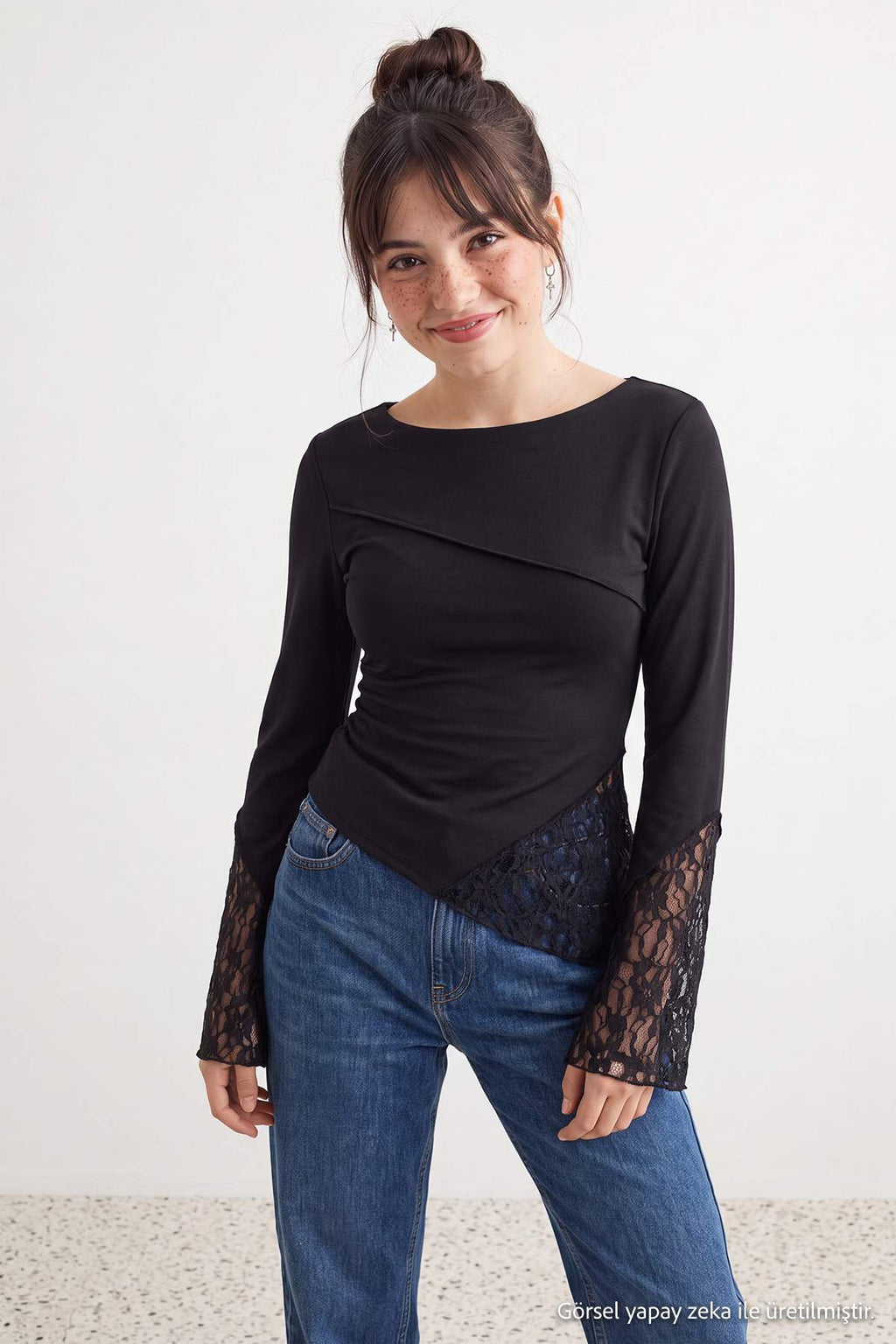 Boat Neck Spanish Sleeve Lace Detail Fitted Blouse