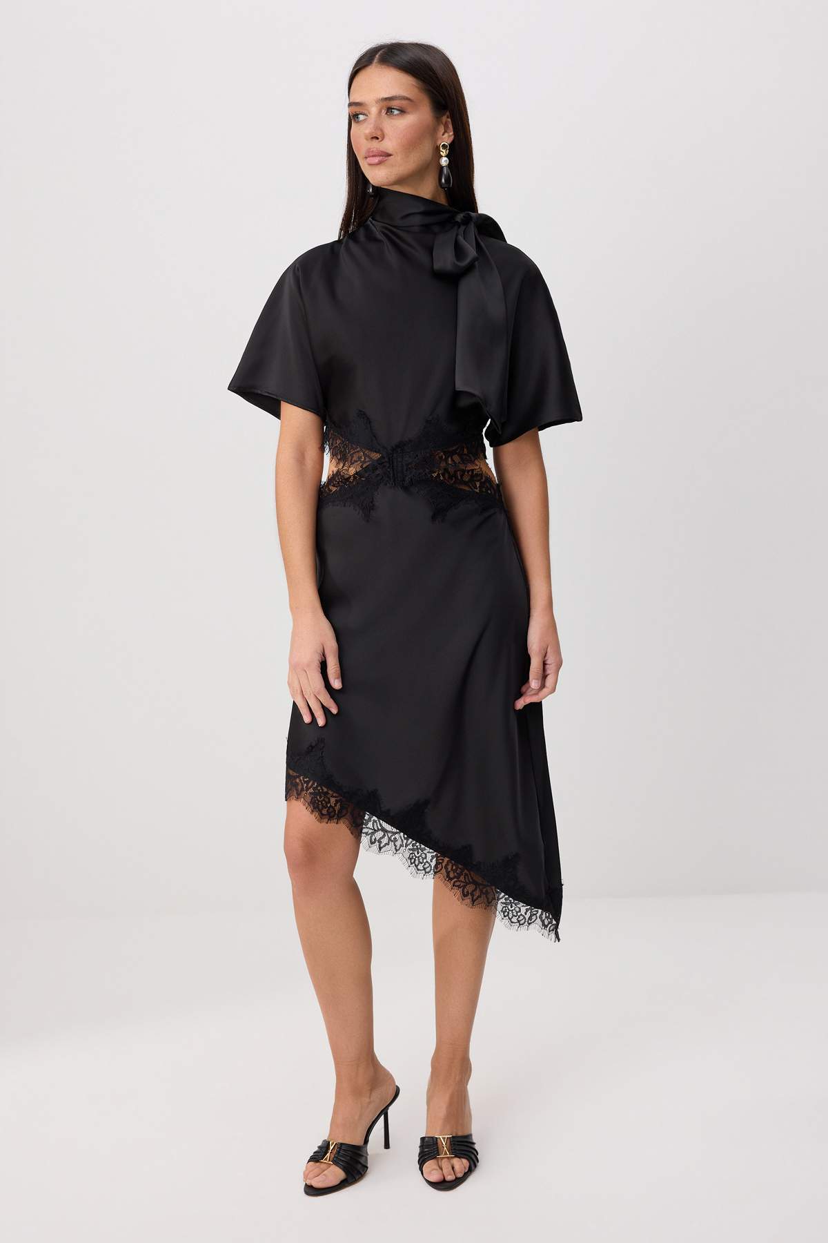 Lace Detail Asymmetric Hem Midi Satin Dress
