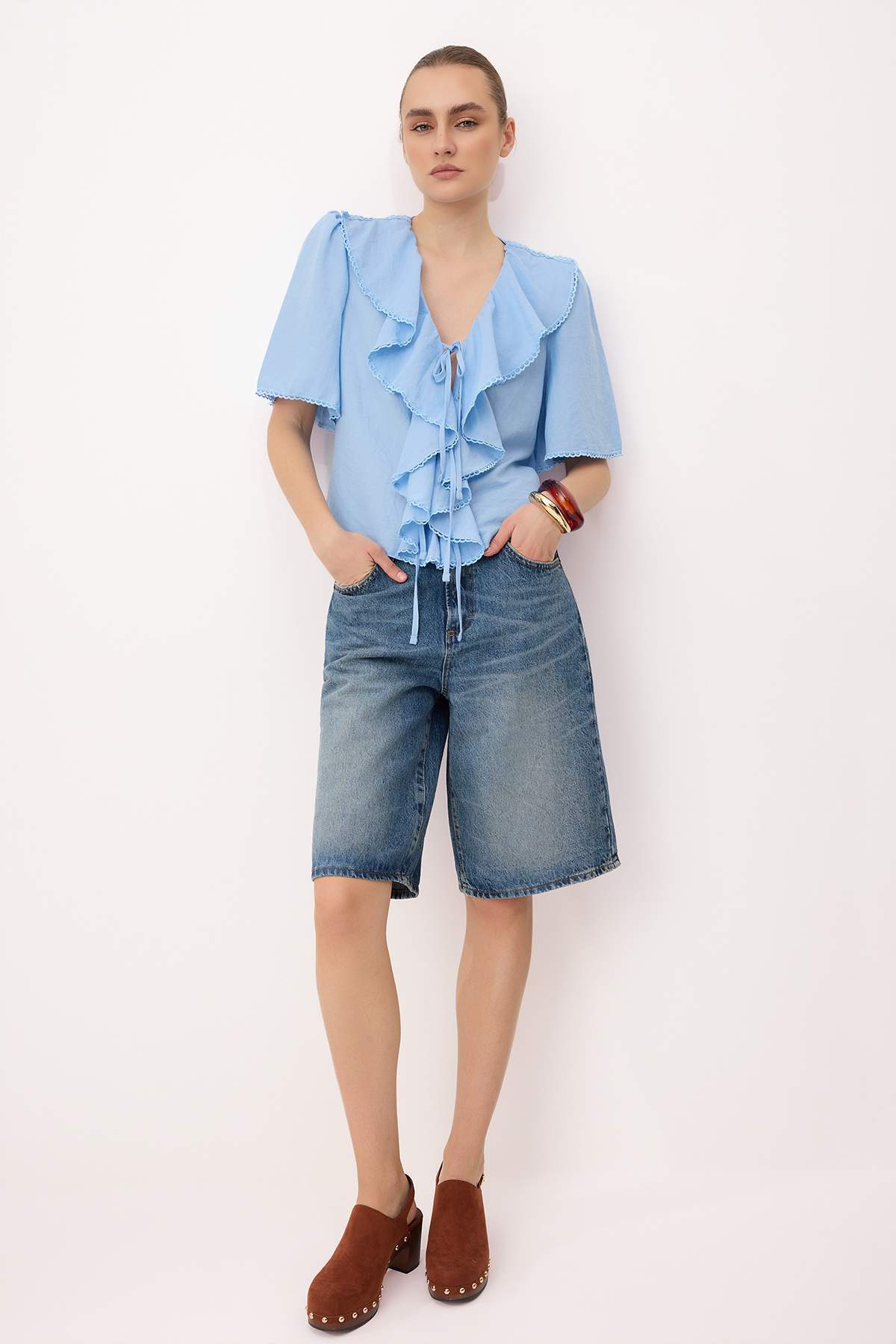 V Neck Tie Front Frill Detail Long Sleeve Blouse