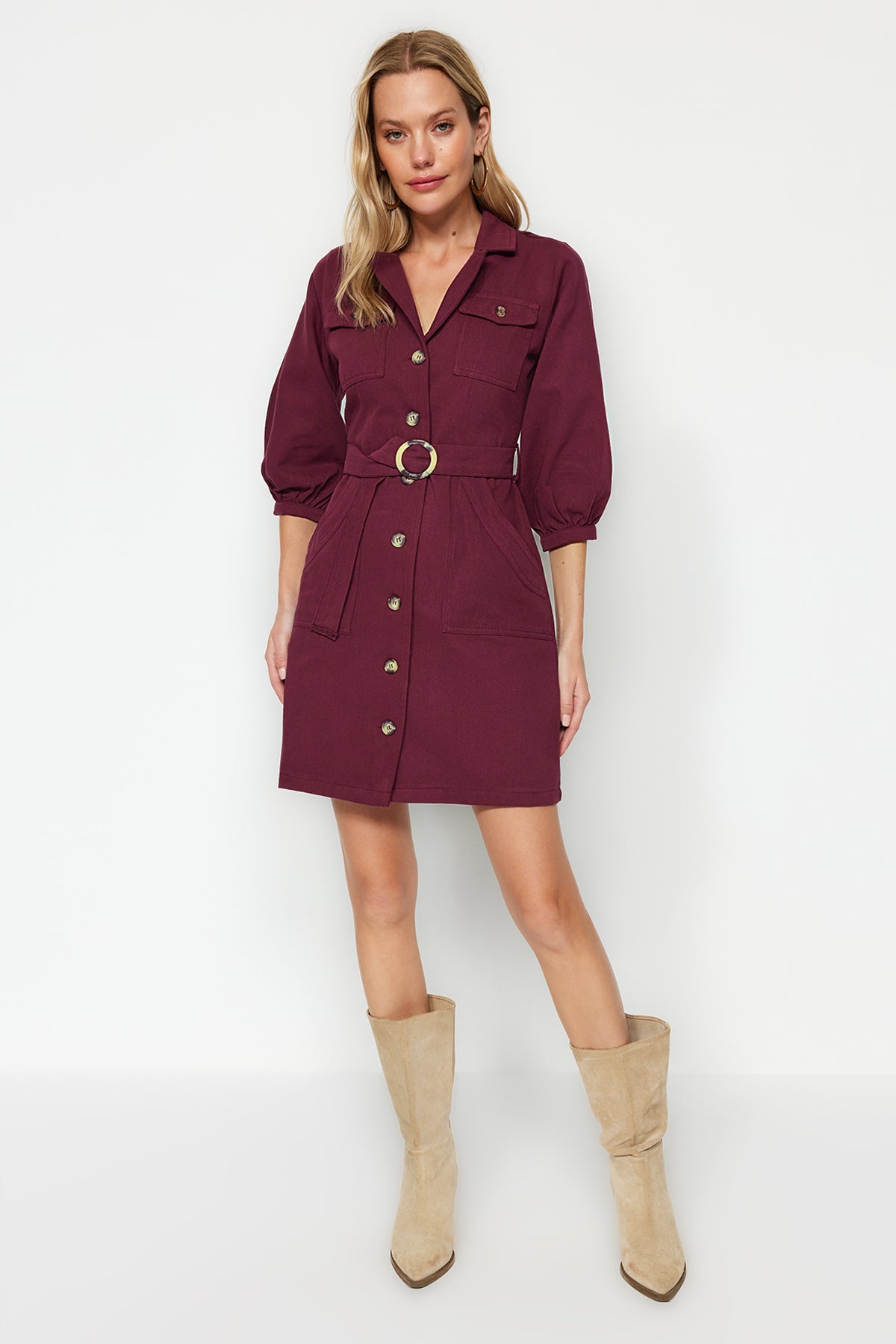 Belted Button Detail Long Sleeve Mini Shirt Dress