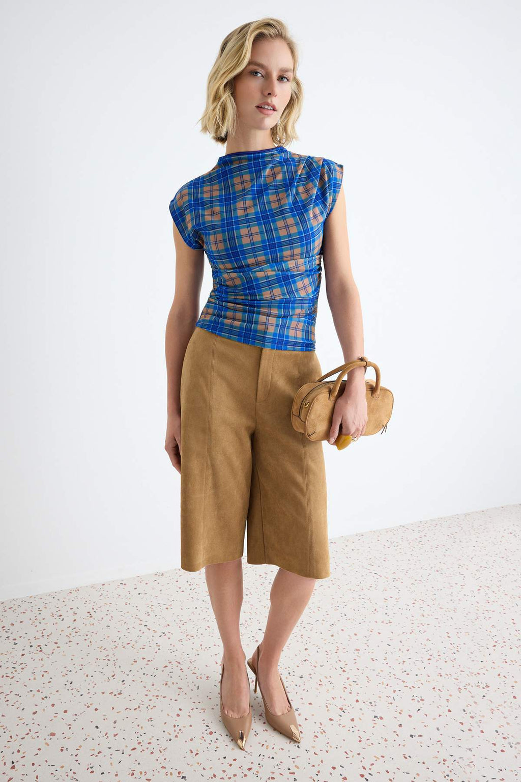 High Neck Sleeveless Fitted Mesh Blouse